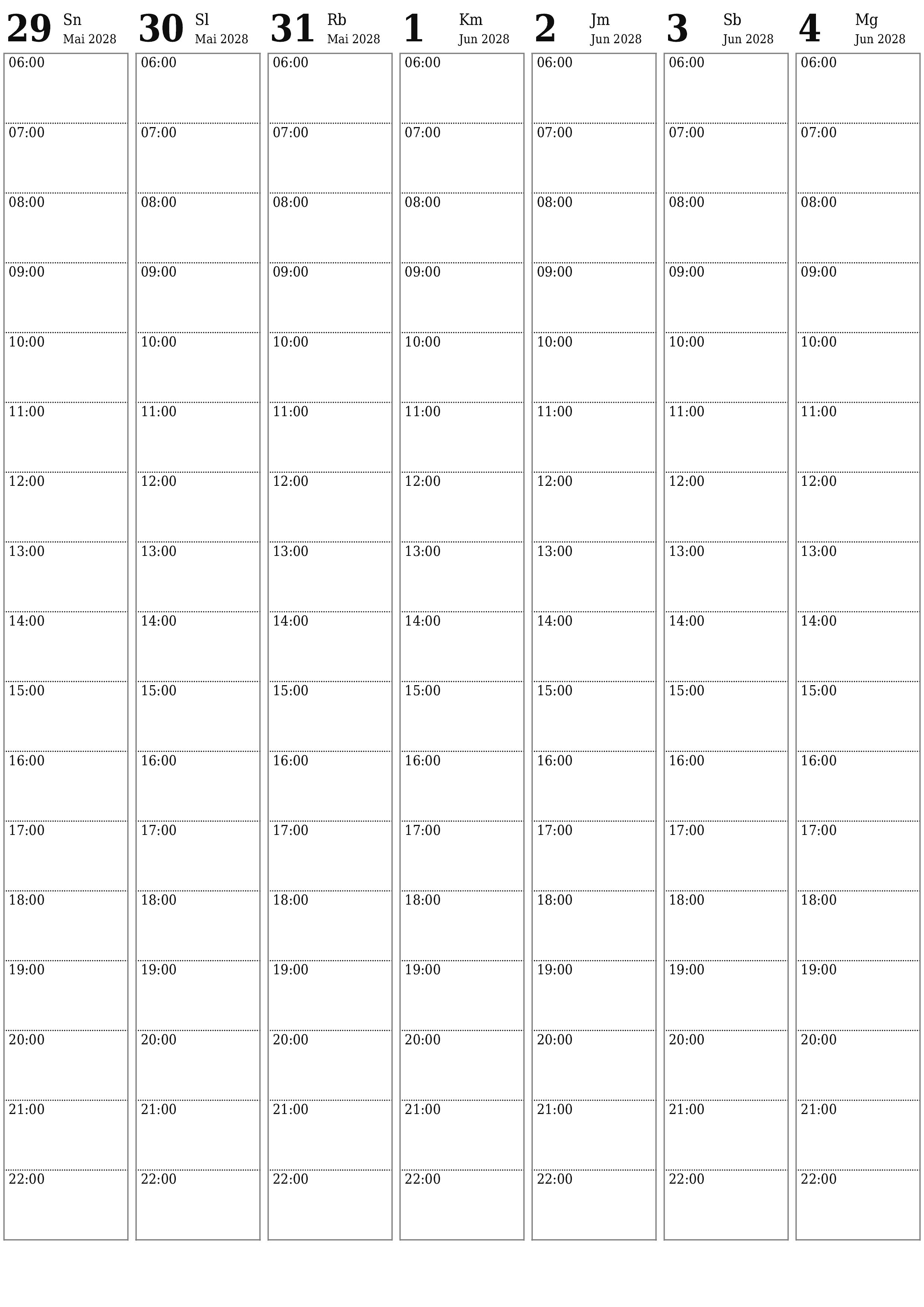 Kosongkan agenda mingguan untuk minggu Juni 2028 dengan catatan, simpan dan cetak ke PDF PNG Indonesian