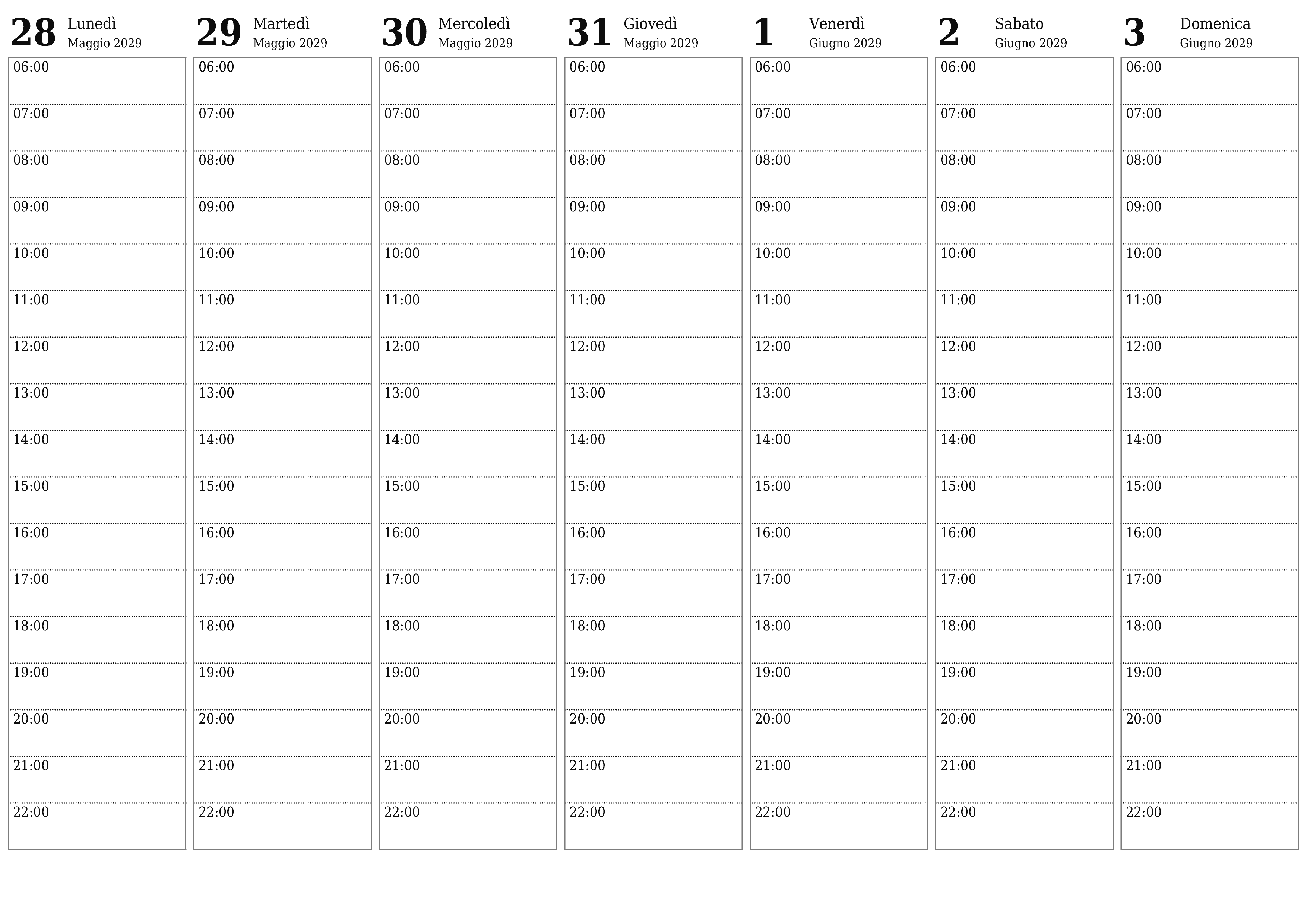 Agenda settimanale vuota per settimane Giugno 2029 con note, salva e stampa in PDF PNG Italian