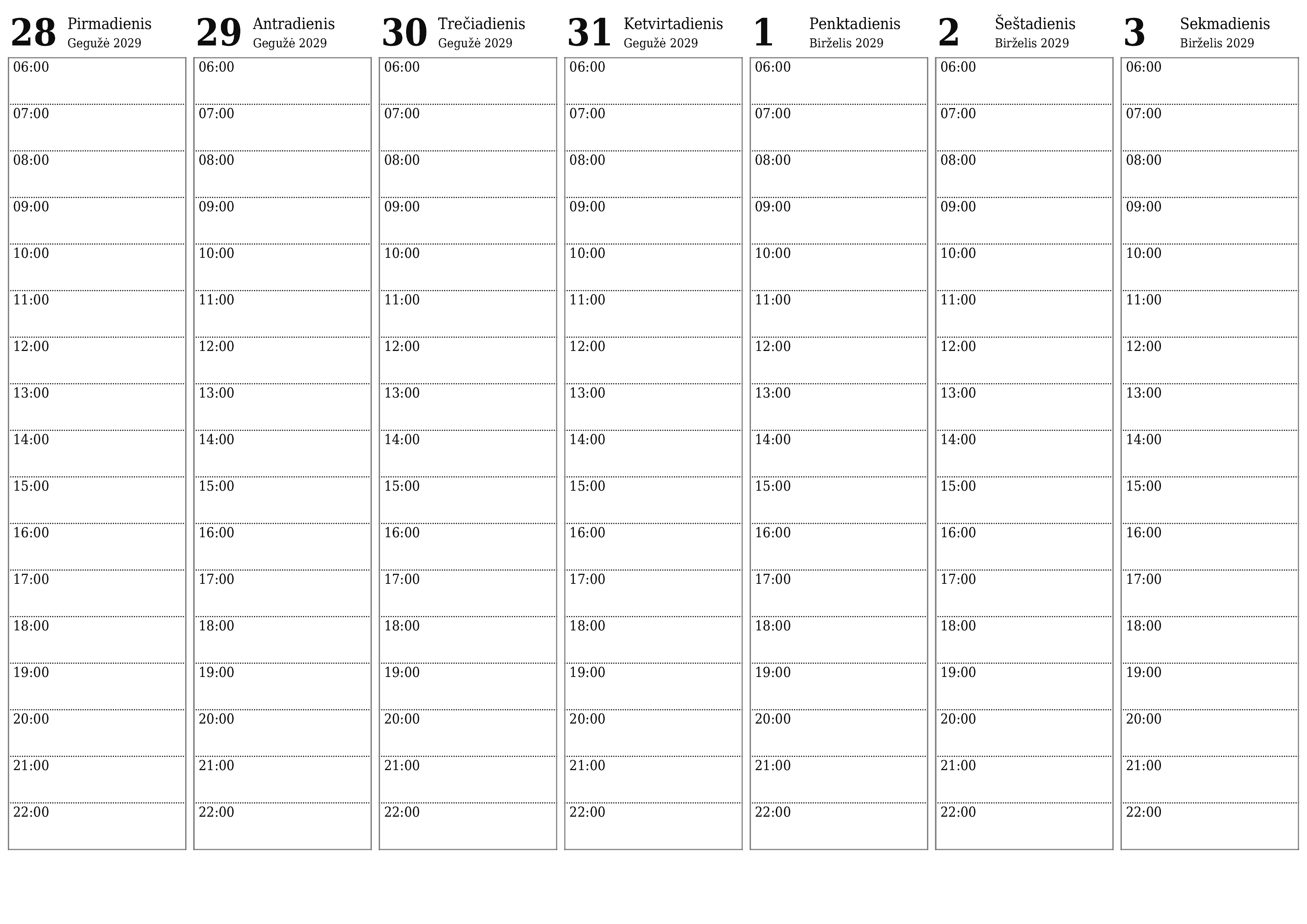 Ištuštinti savaitės planavimo priemonę savaitėms Birželis 2029 su užrašais, išsaugoti ir atsispausdinti PDF formate PNG Lithuanian