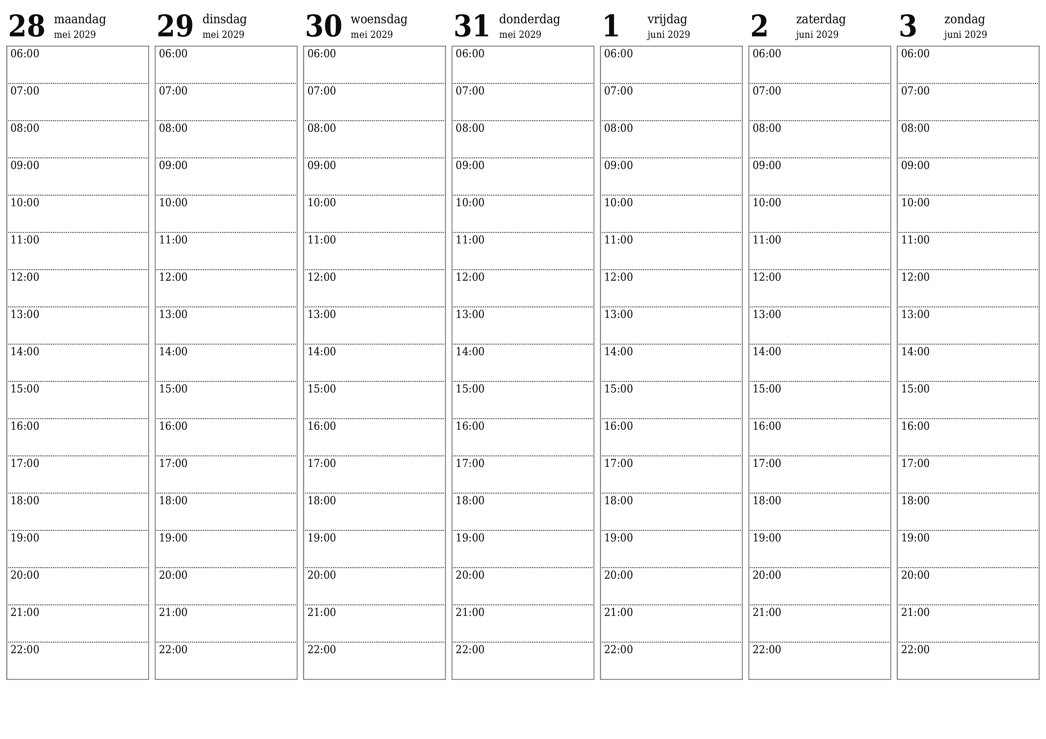 afdrukbare muur sjabloon gratis horizontaal Wekelijks planner kalender juni (jun) 2029
