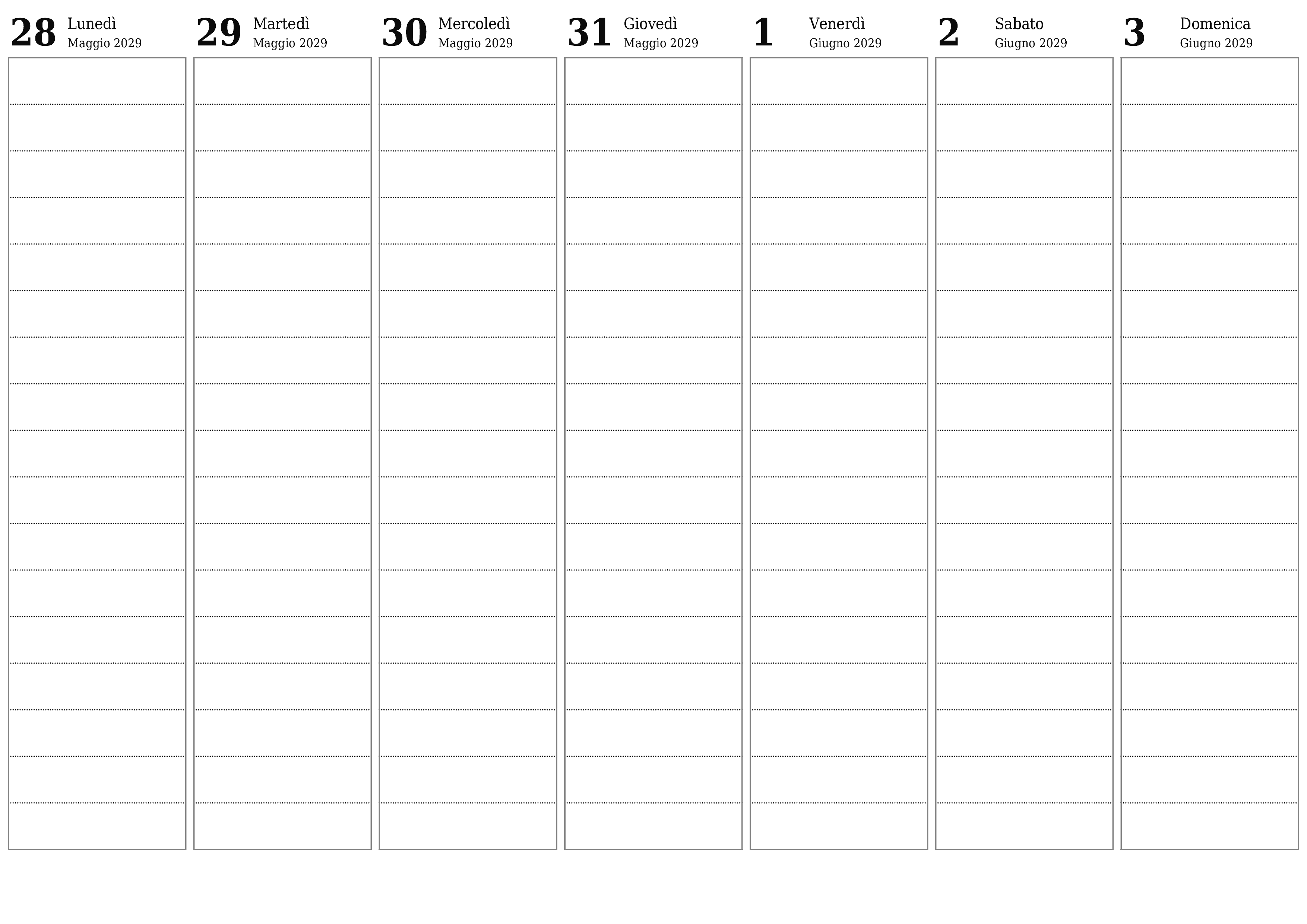 Agenda settimanale vuota per settimane Giugno 2029 con note, salva e stampa in PDF PNG Italian