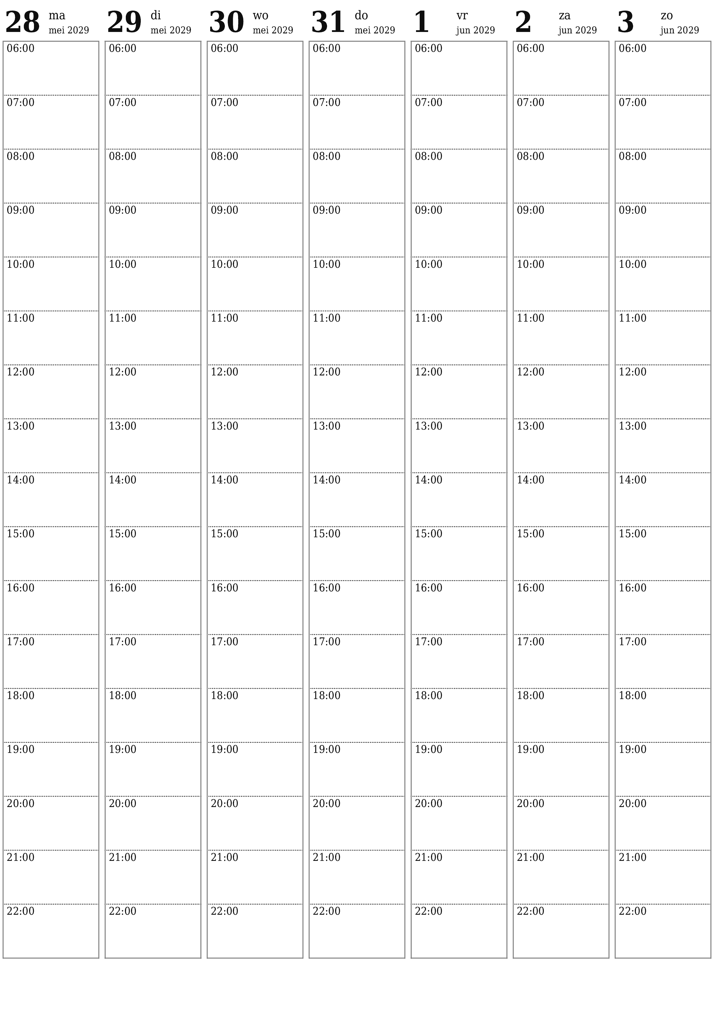 afdrukbare muur sjabloon gratis verticaal Wekelijks planner kalender juni (jun) 2029