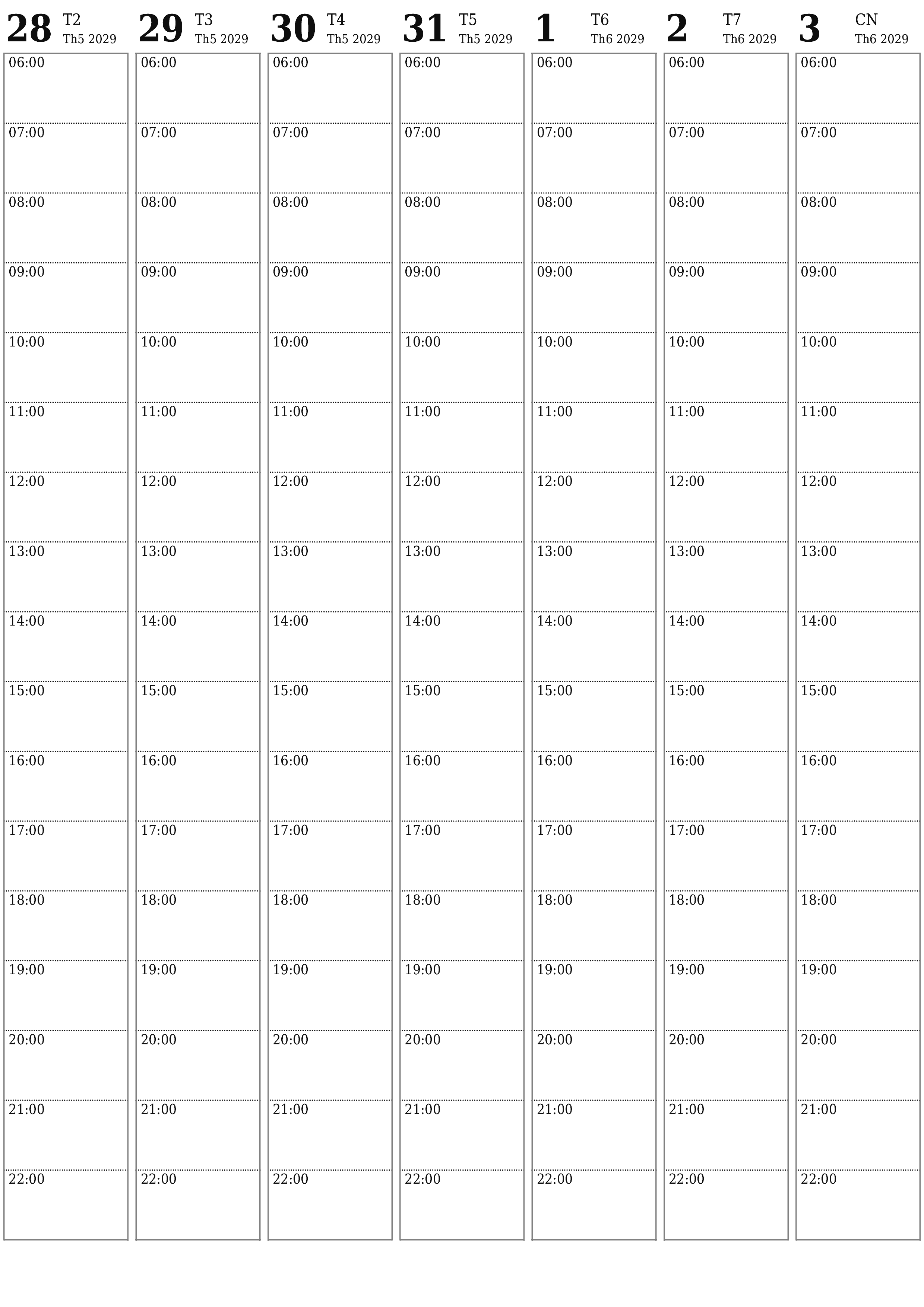 Công cụ lập kế hoạch hàng tuần trống trong tuần Tháng 6 2029 có ghi chú, lưu và in sang PDF PNG Vietnamese