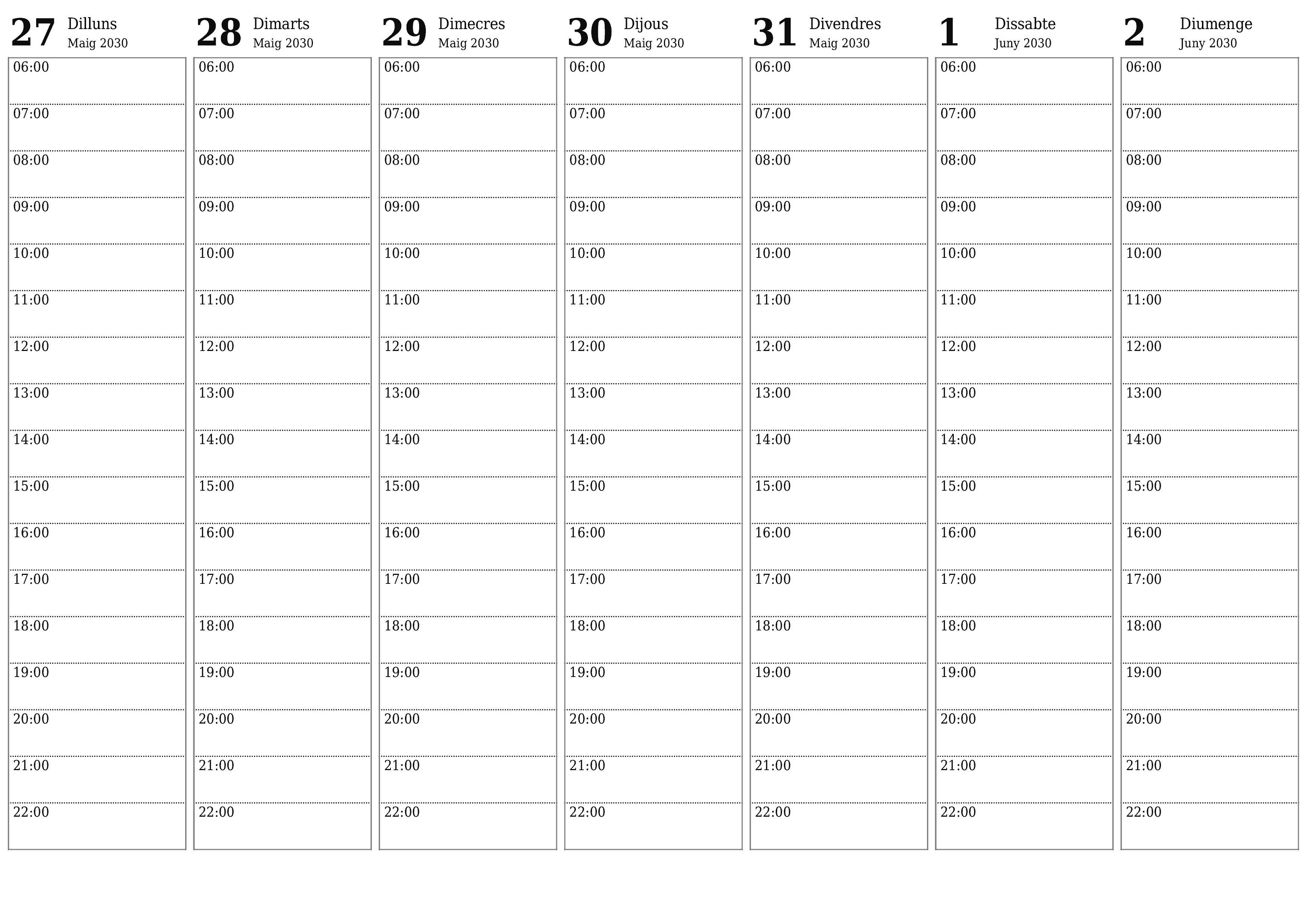 Planificador setmanal buit durant setmanes Juny 2030 amb notes, deseu-lo i imprimiu-lo en format PDF PNG Catalan