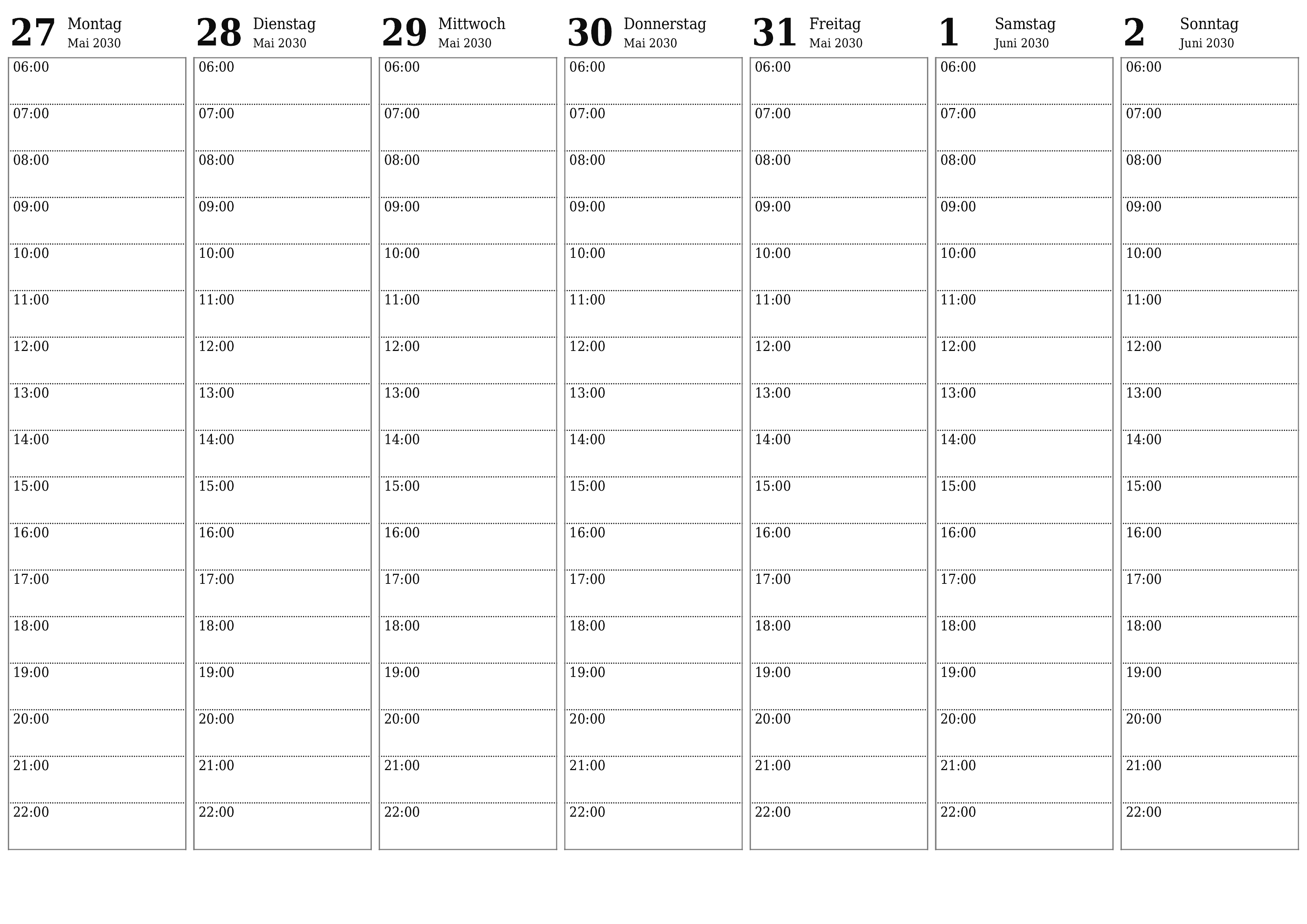 Wochenplaner für Wochen Juni 2030 mit Notizen leeren, speichern und als PDF drucken PNG German