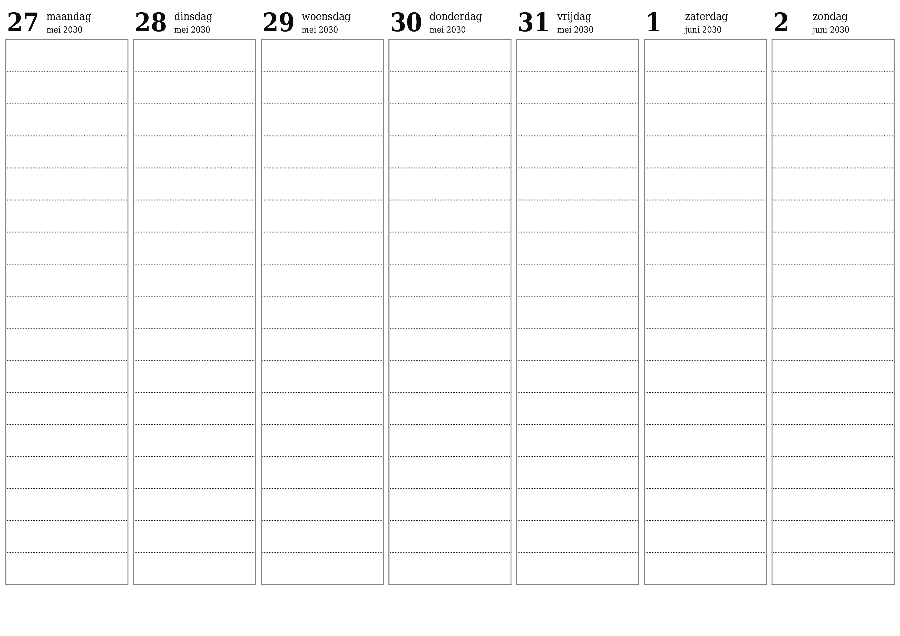 Lege weekplanner voor weken juni 2030 met notities, opslaan en afdrukken naar pdf PNG Dutch