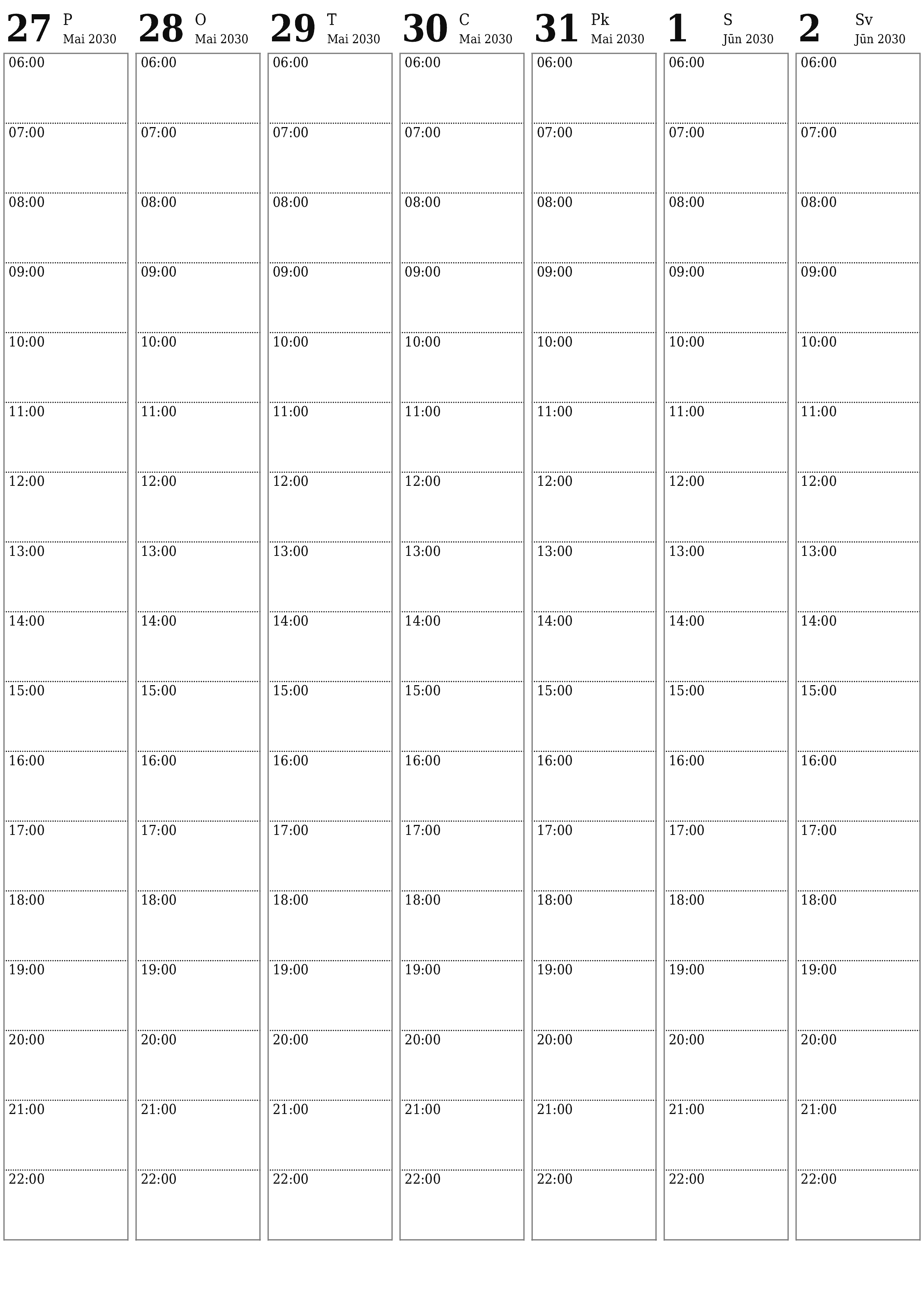 Iztukšojiet nedēļas plānotāju nedēļām Jūnijs 2030 ar piezīmēm, saglabājiet un izdrukājiet PDF formātā PNG Latvian