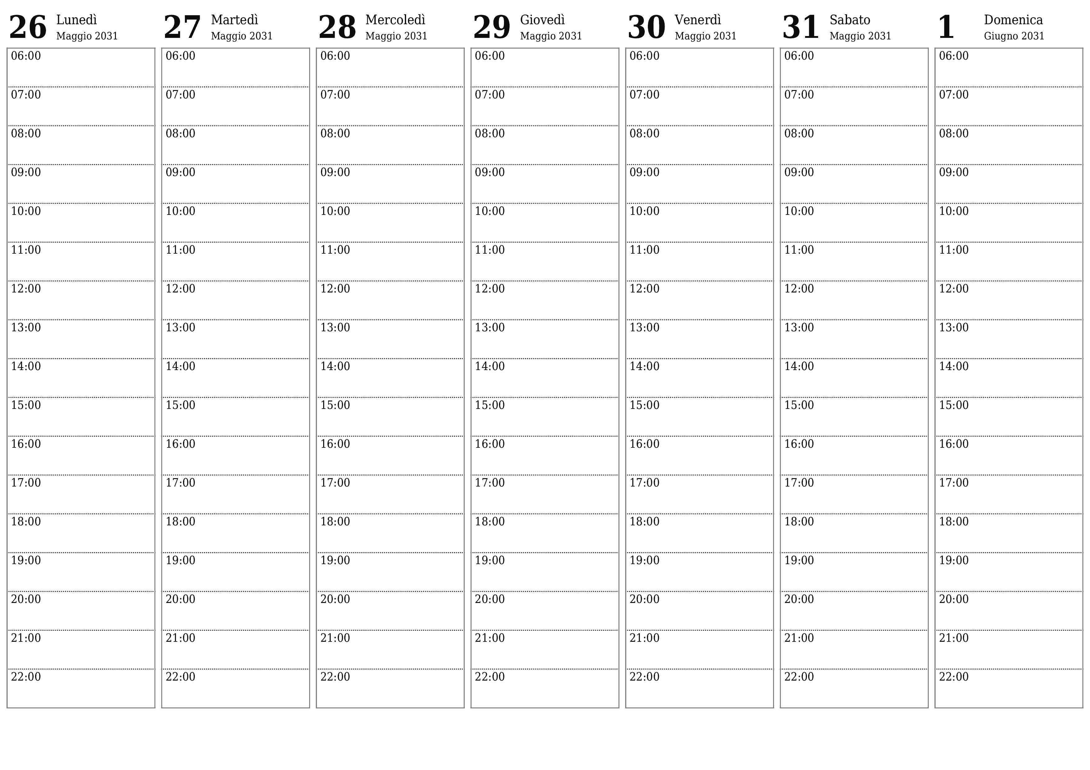 Agenda settimanale vuota per settimane Giugno 2031 con note, salva e stampa in PDF PNG Italian