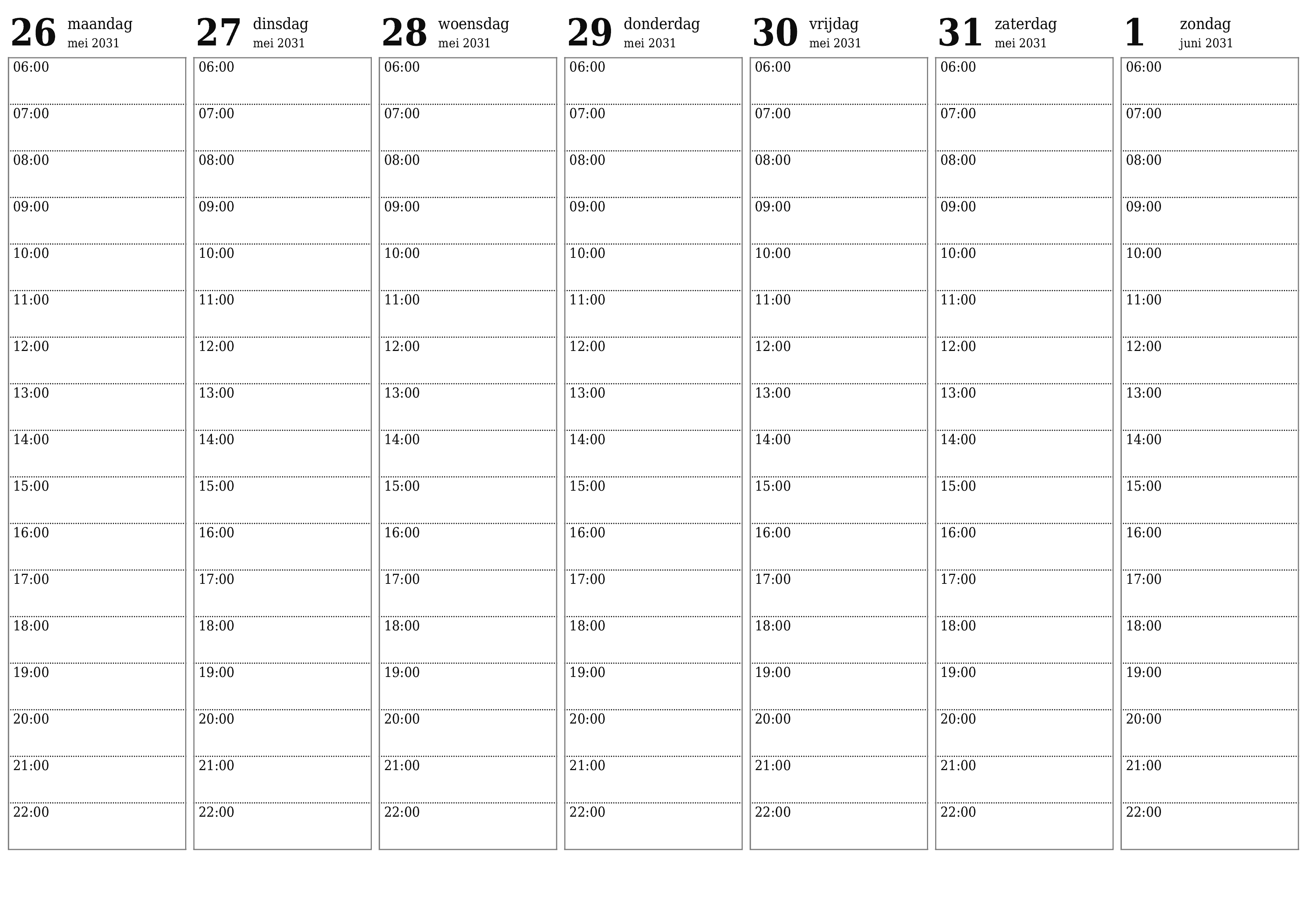 afdrukbare muur sjabloon gratis horizontaal Wekelijks planner kalender juni (jun) 2031
