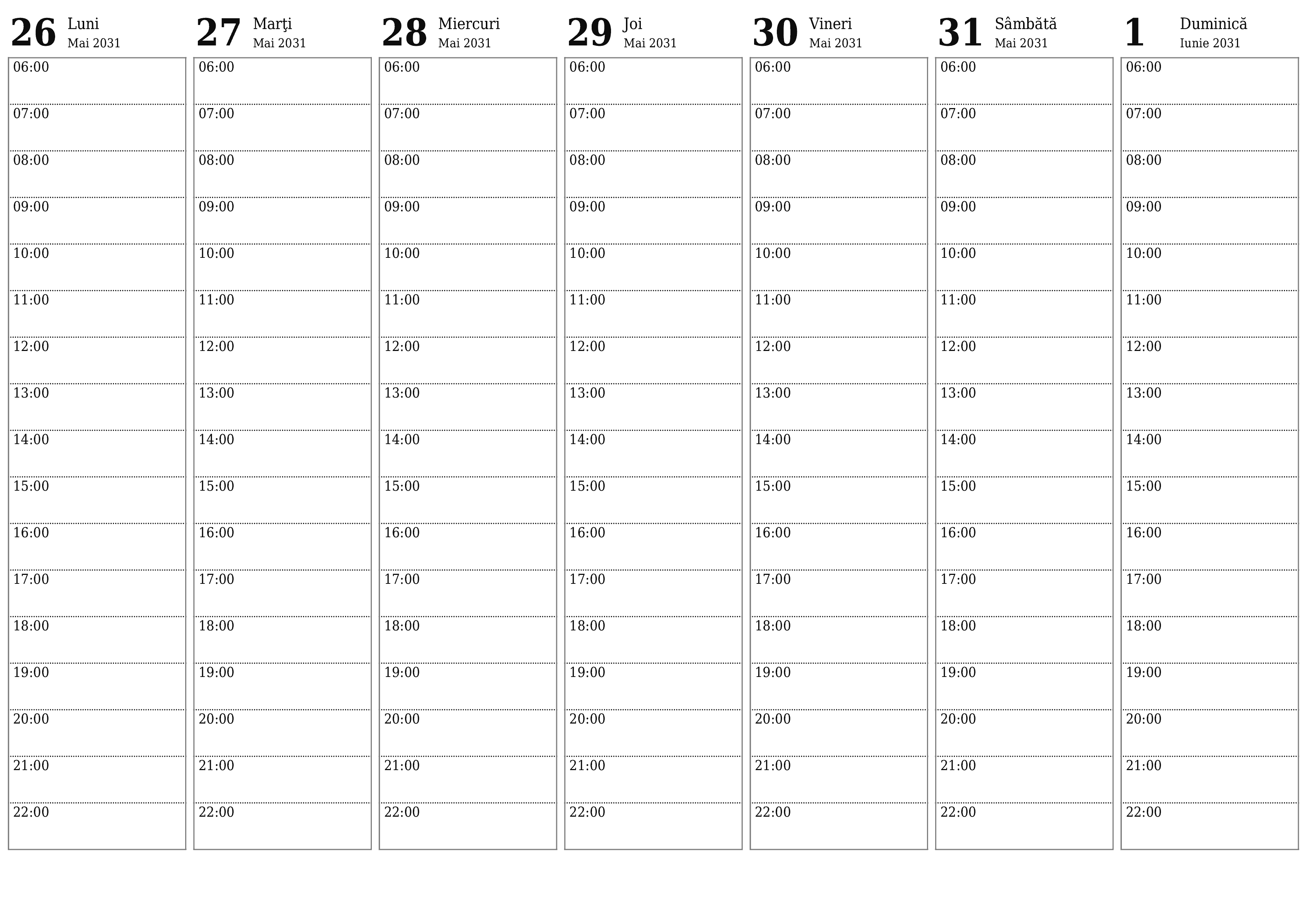  imprimabil de perete șablon de gratuitorizontală Săptămânal planificator calendar Iunie (Iun) 2031