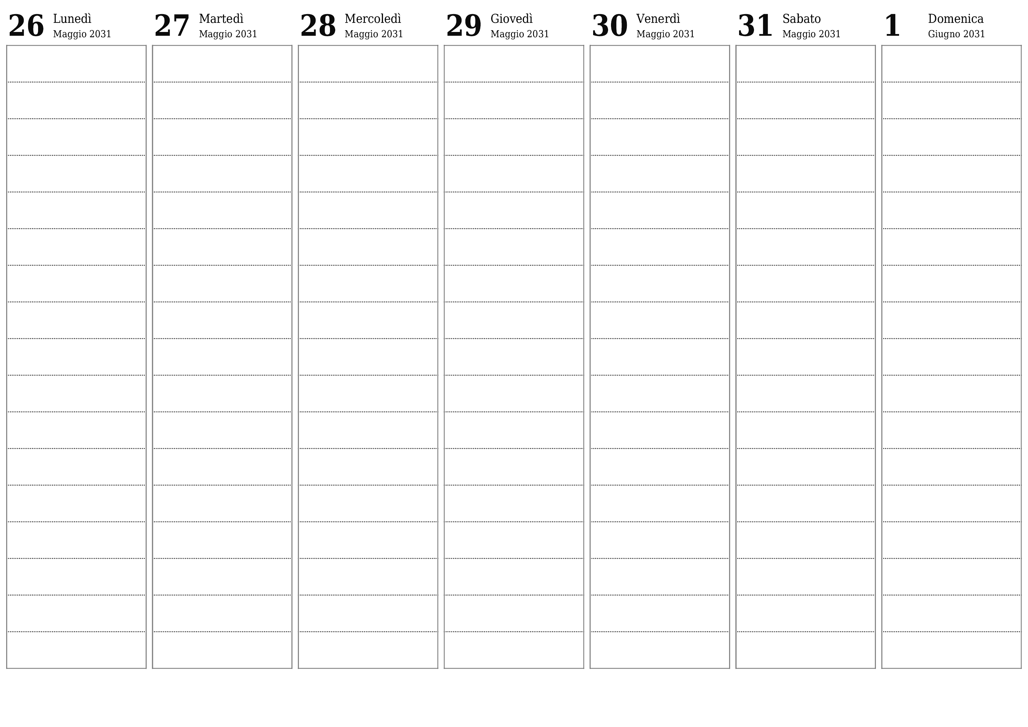 Agenda settimanale vuota per settimane Giugno 2031 con note, salva e stampa in PDF PNG Italian