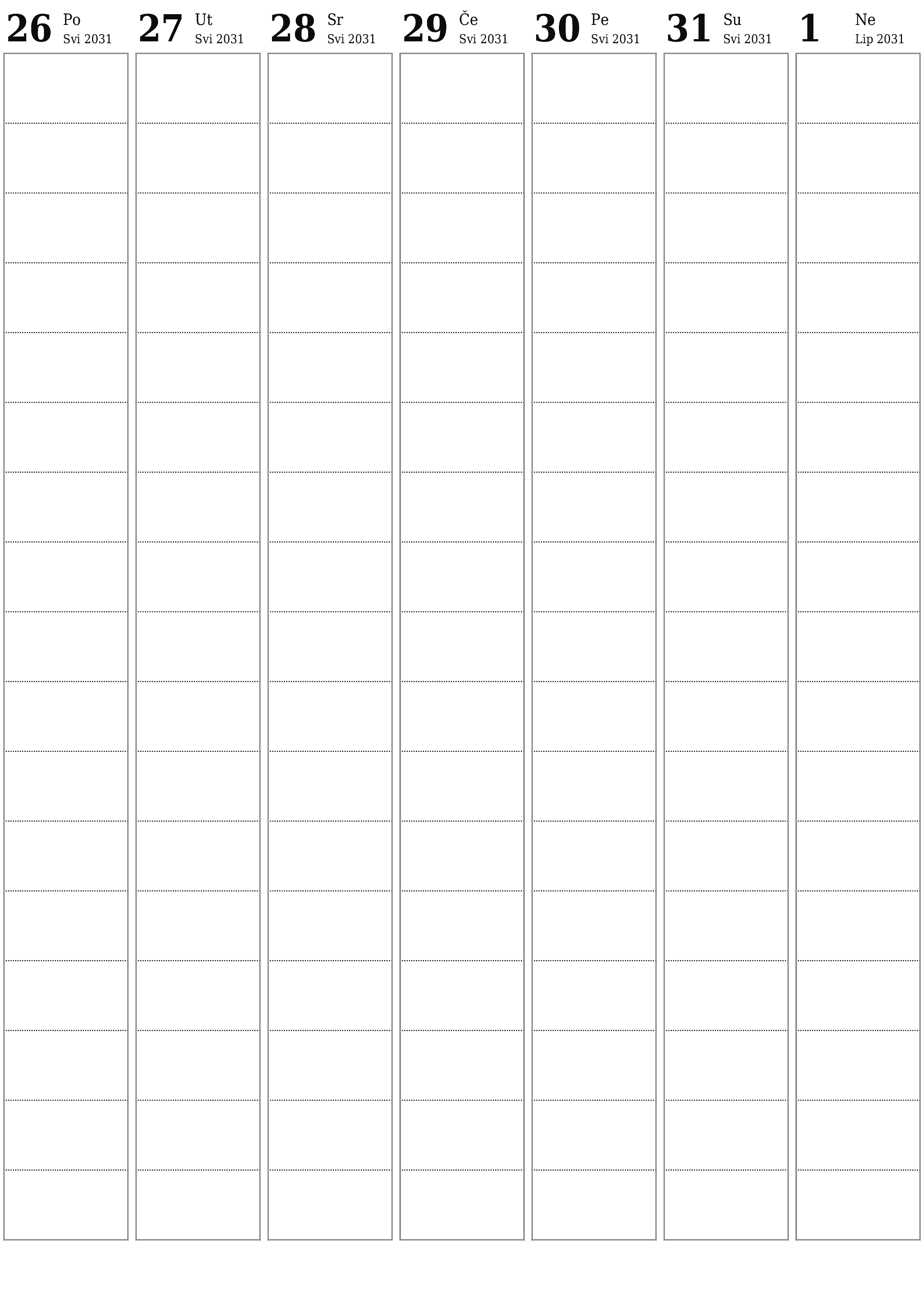  za ispis zidni predložak a besplatni okomito Tjedni planer kalendar Lipanj (Lip) 2031