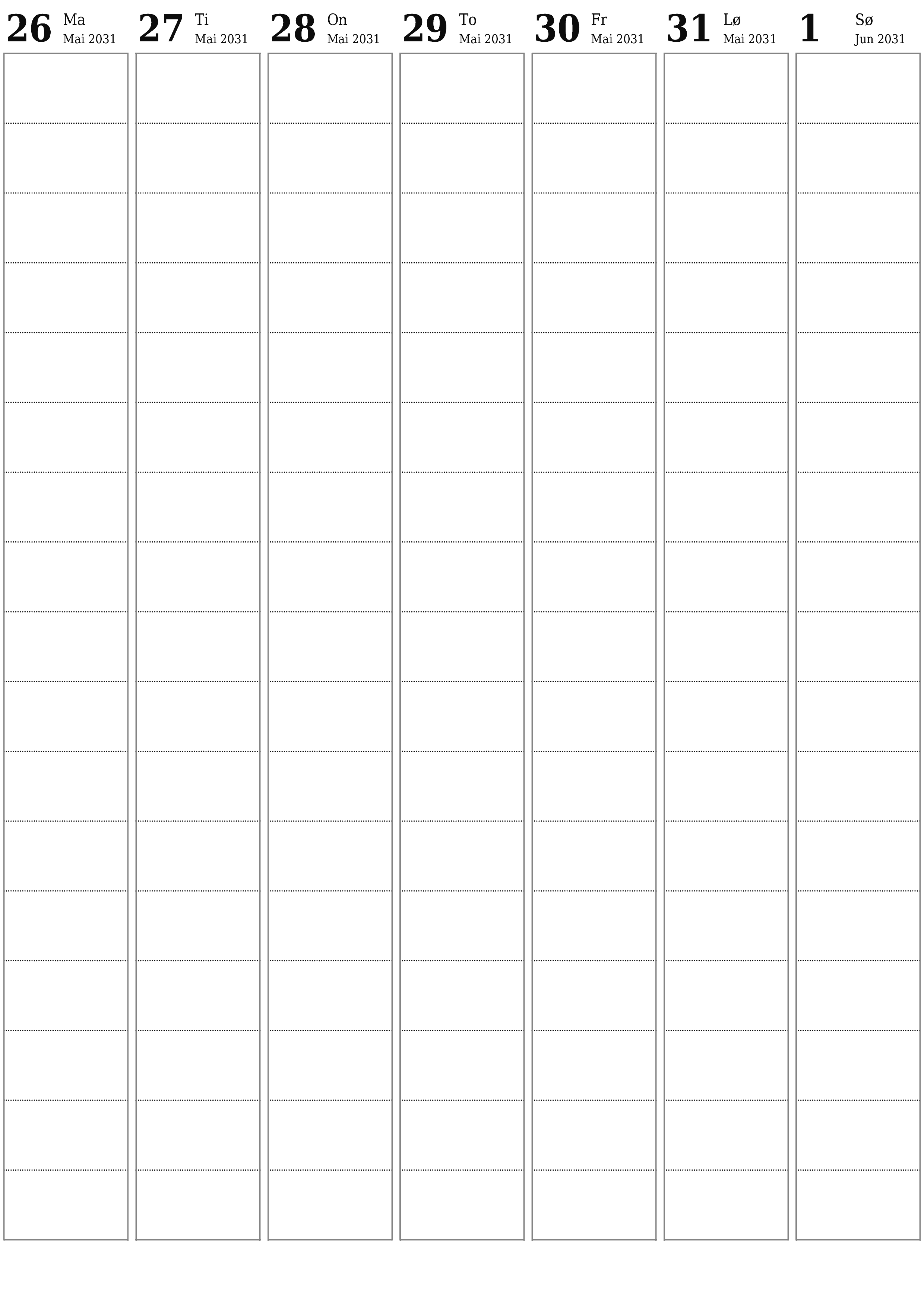 utskrivbar vegg mal gratis vertikal Ukentlig planlegger kalender Juni (Jun) 2031
