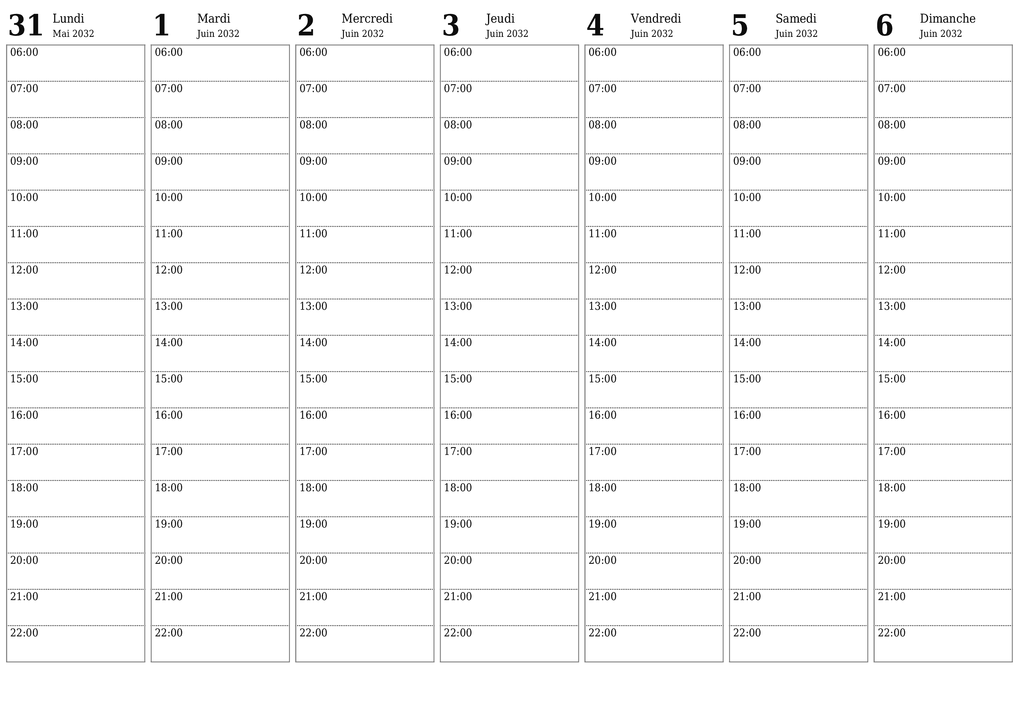 Agenda hebdomadaire vide pendant des semaines Juin 2032 avec notes, enregistrez et imprimez au format PDF PNG French