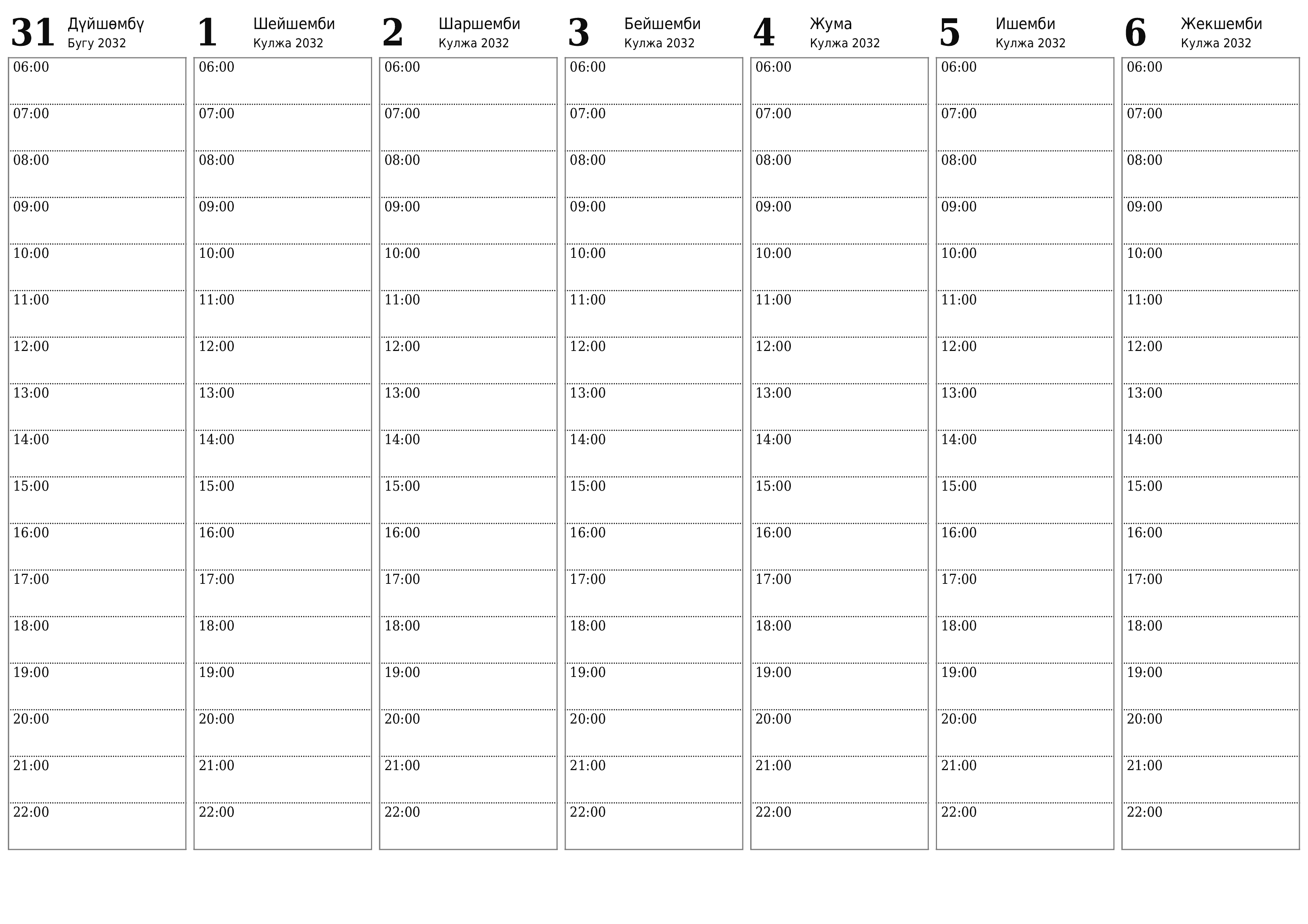 PDF PNG Kyrgyz форматында басып чыгаруу үчүн эскертүүлөр менен Кулжа 2032 үчүн бош жумалык календардык пландоочу
