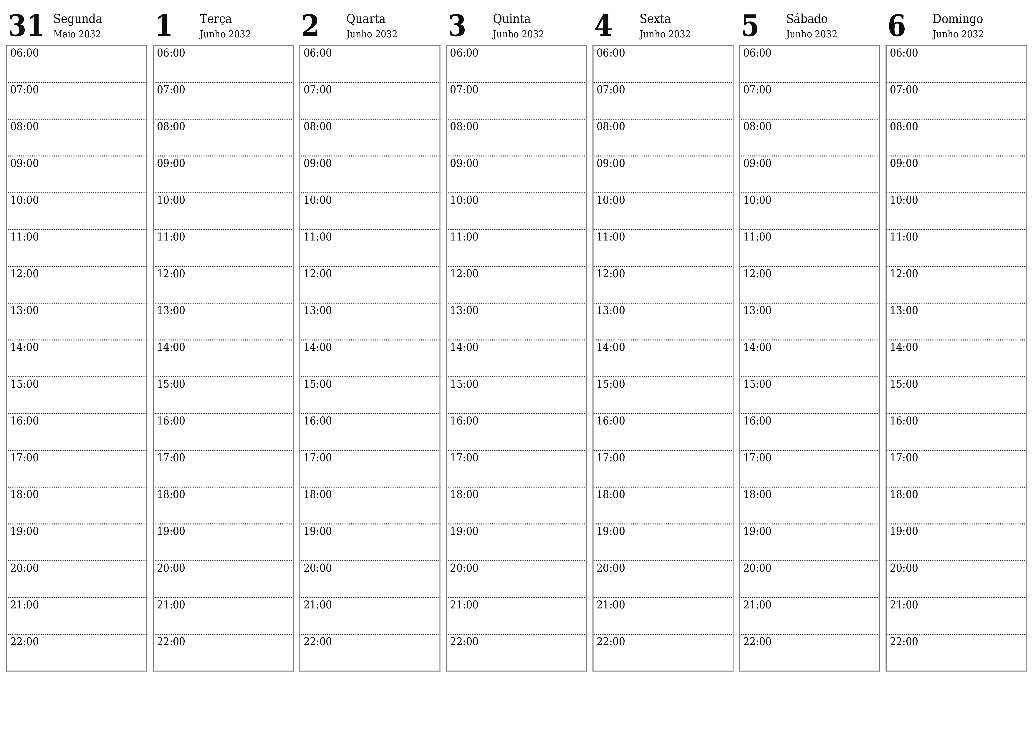 Esvazie o planejador semanal por semanas Junho 2032 com notas, salve e imprima em PDF PNG Portuguese
