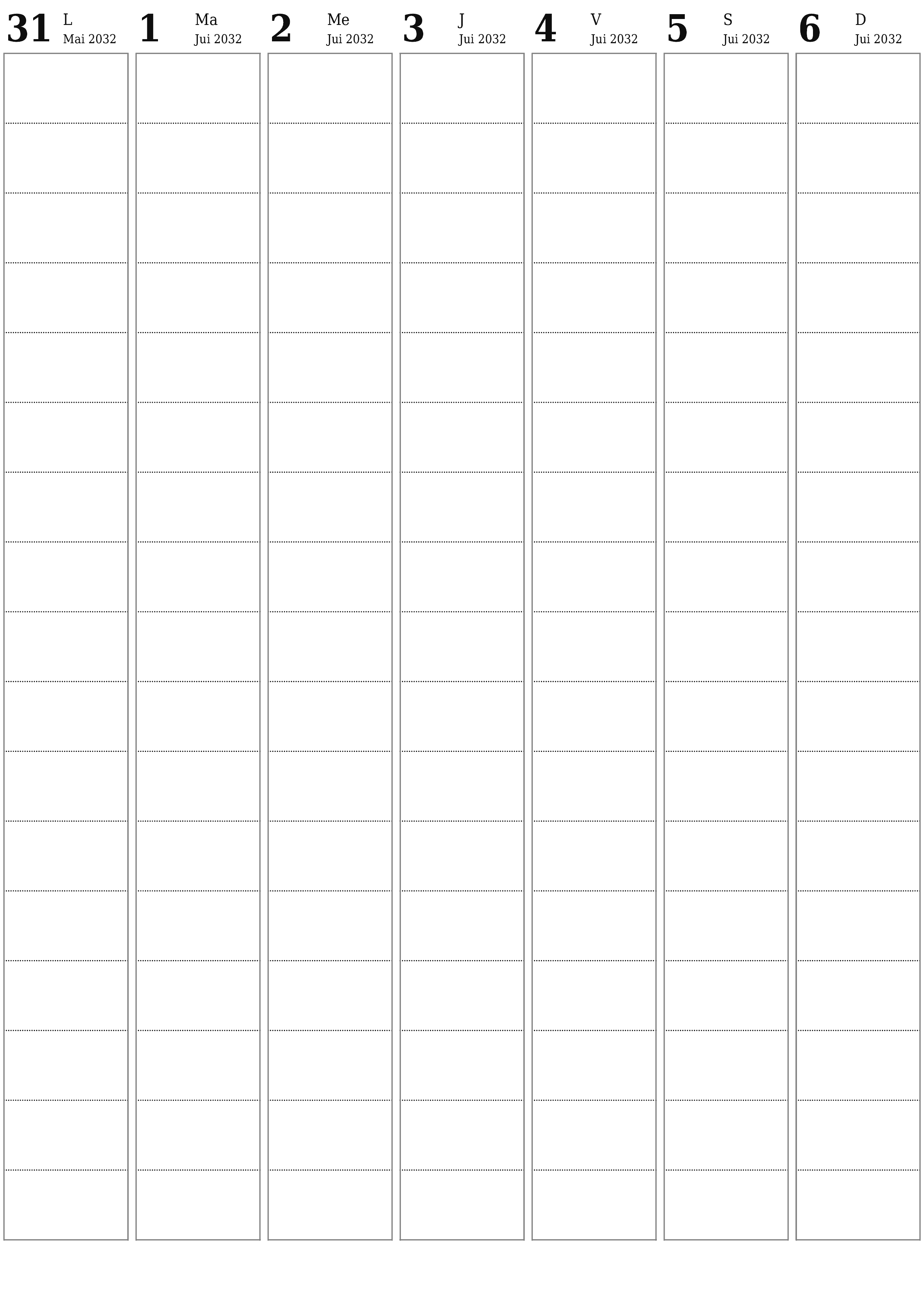 Agenda hebdomadaire vide pendant des semaines Juin 2032 avec notes, enregistrez et imprimez au format PDF PNG French