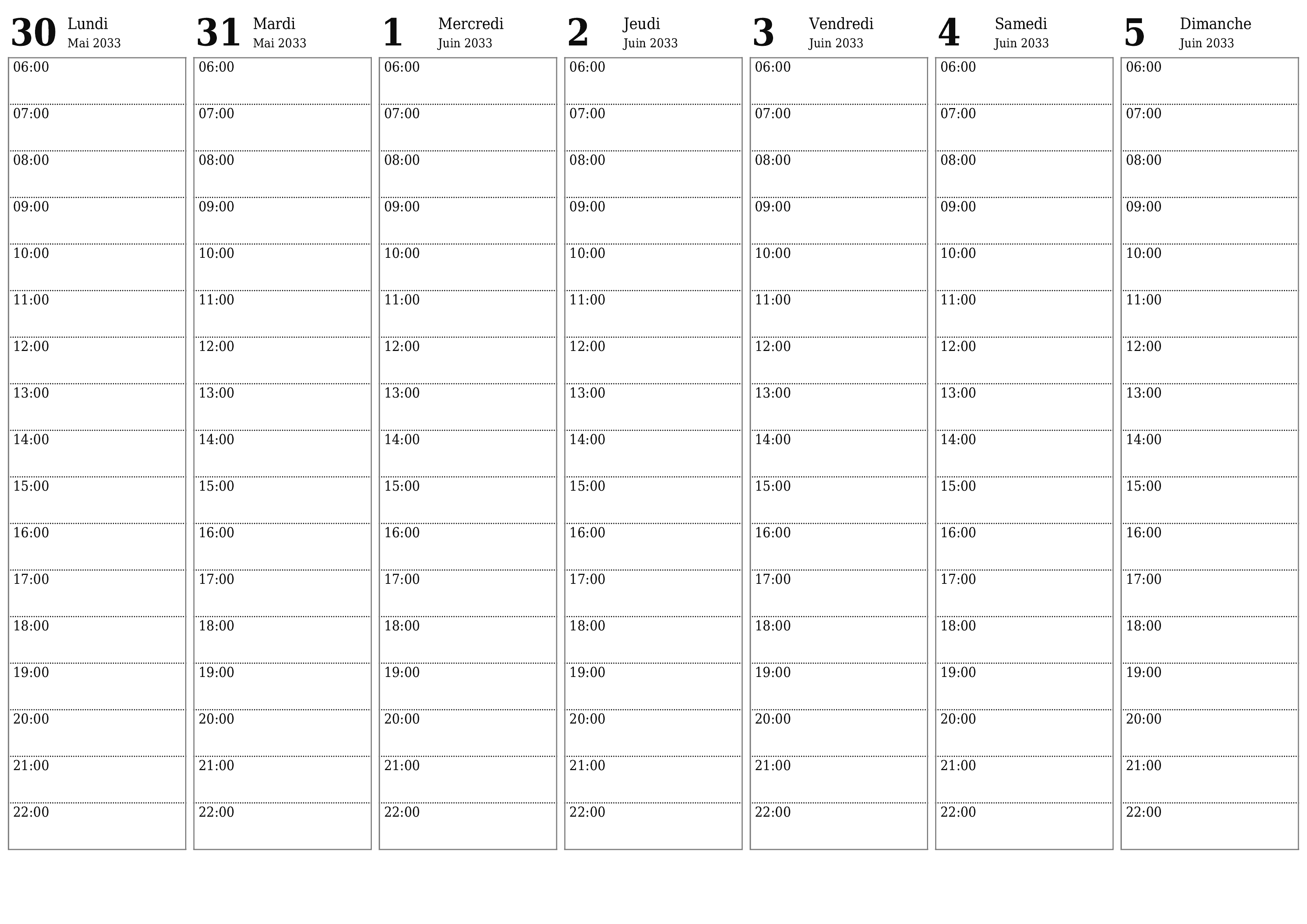Agenda hebdomadaire vide pendant des semaines Juin 2033 avec notes, enregistrez et imprimez au format PDF PNG French