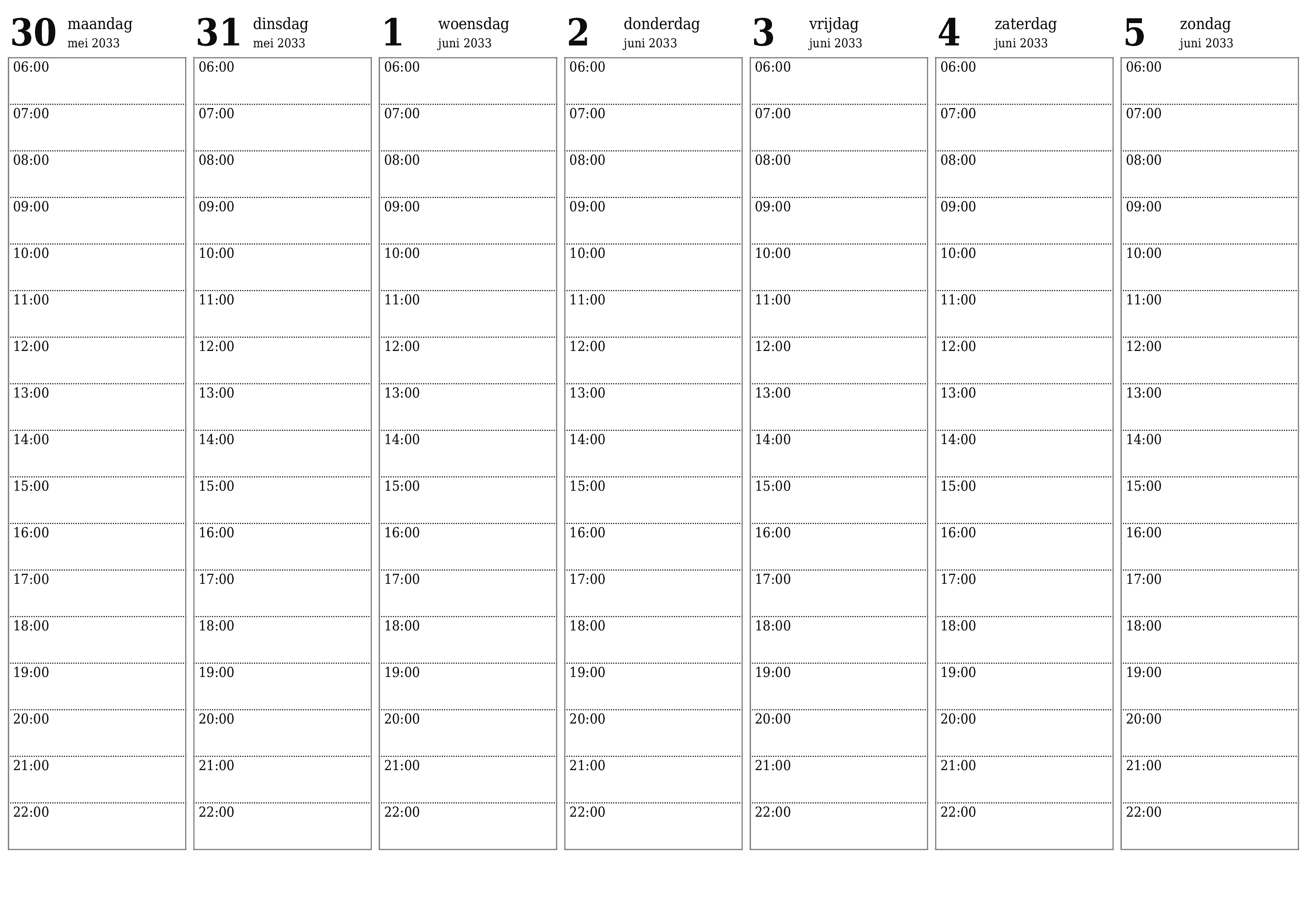 Lege weekplanner voor weken juni 2033 met notities, opslaan en afdrukken naar pdf PNG Dutch