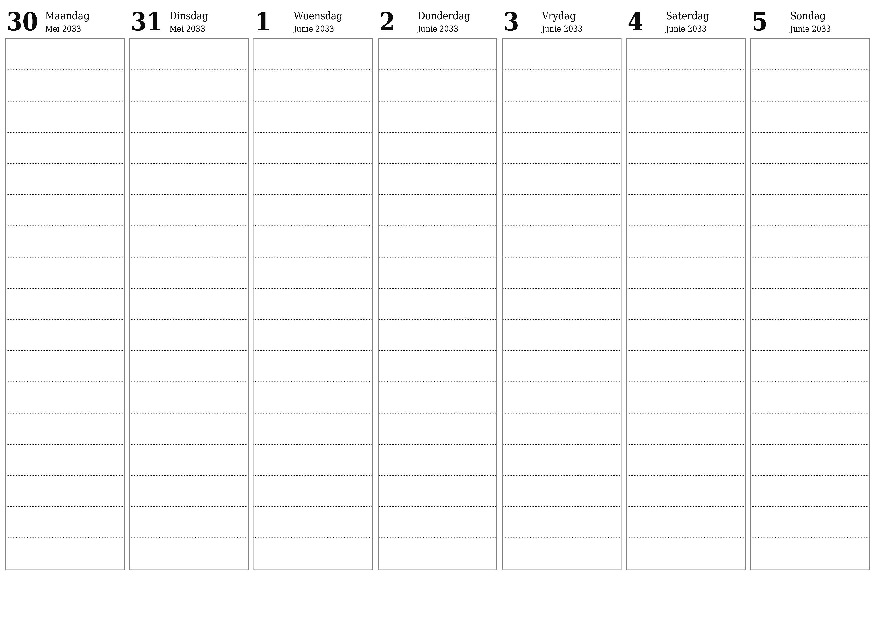 Leë weeklikse drukbare kalender en beplanner vir week Junie 2033 met notas, stoor en druk na PDF PNG Afrikaans