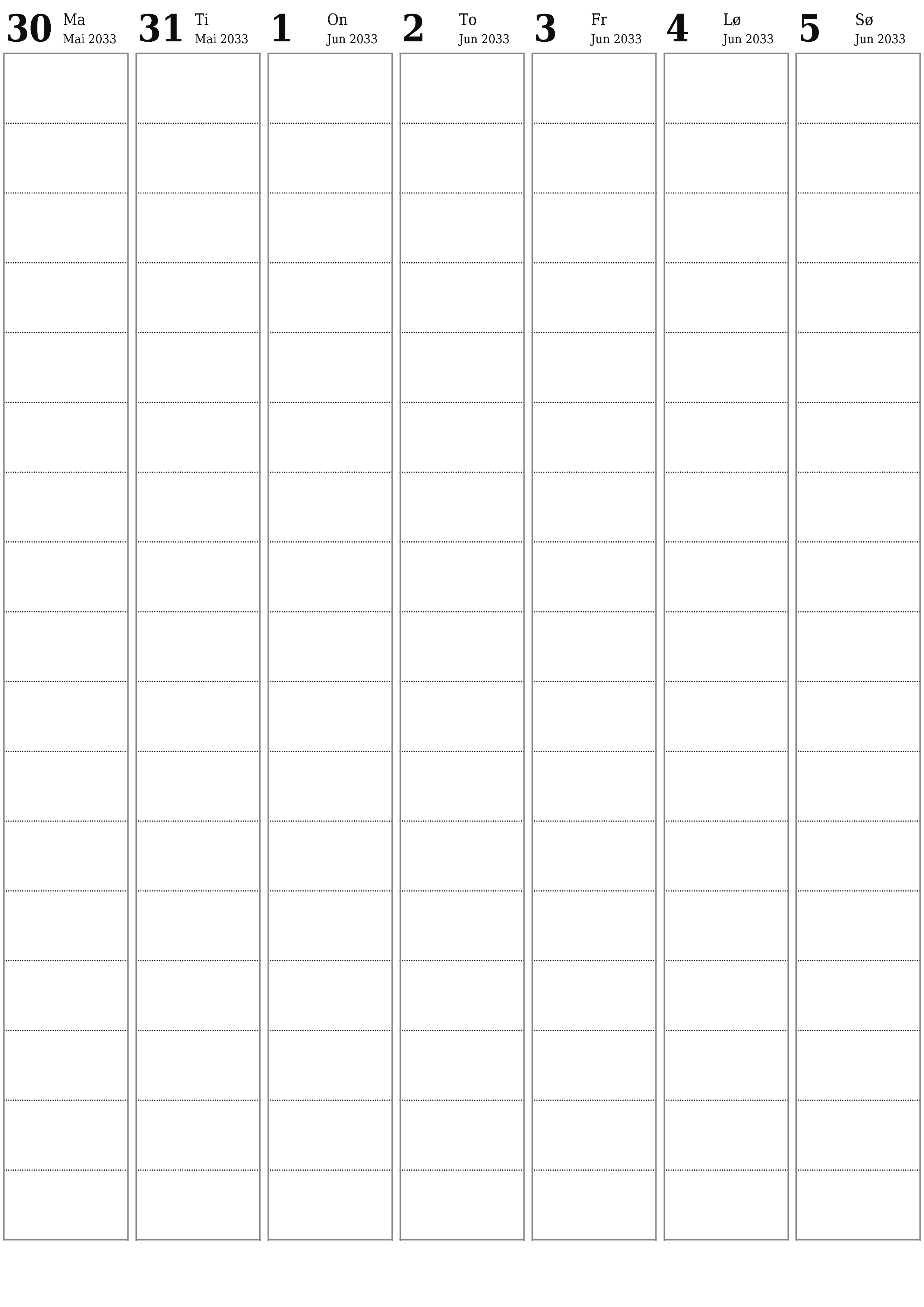 utskrivbar vegg mal gratis vertikal Ukentlig planlegger kalender Juni (Jun) 2033