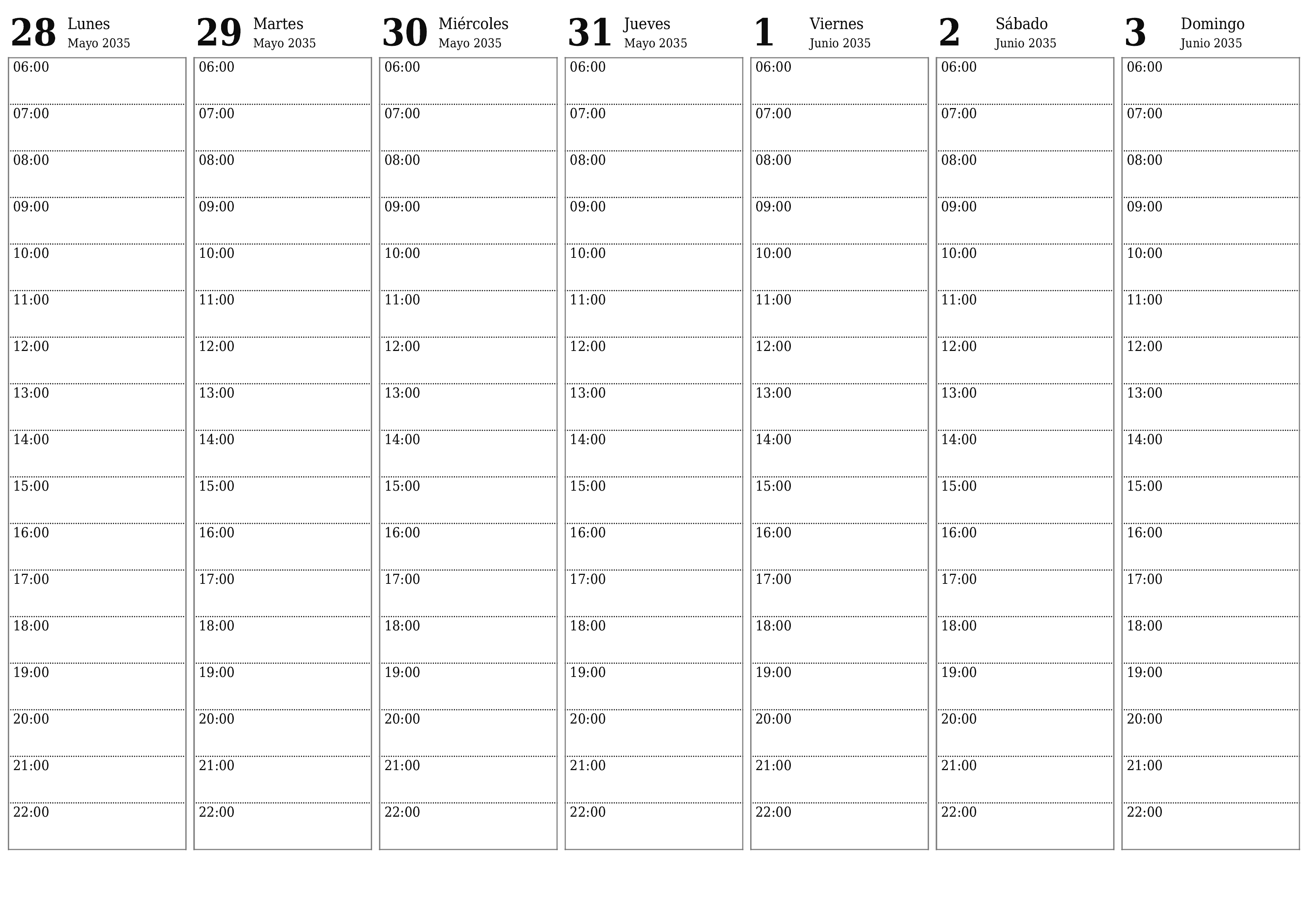 Planificador semanal vacío para semanas Junio 2035 con notas, guardar e imprimir en PDF PNG Spanish