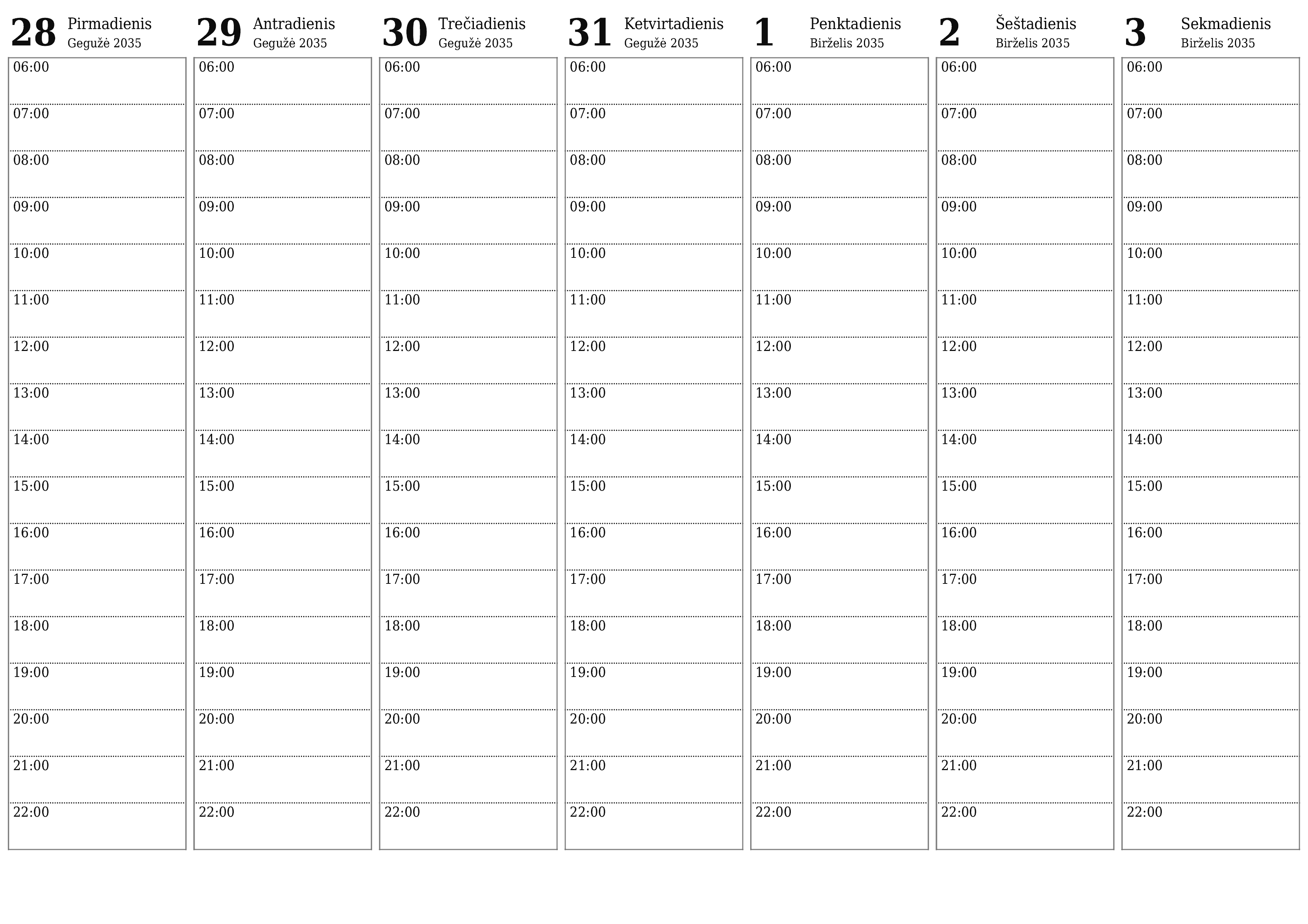Ištuštinti savaitės planavimo priemonę savaitėms Birželis 2035 su užrašais, išsaugoti ir atsispausdinti PDF formate PNG Lithuanian