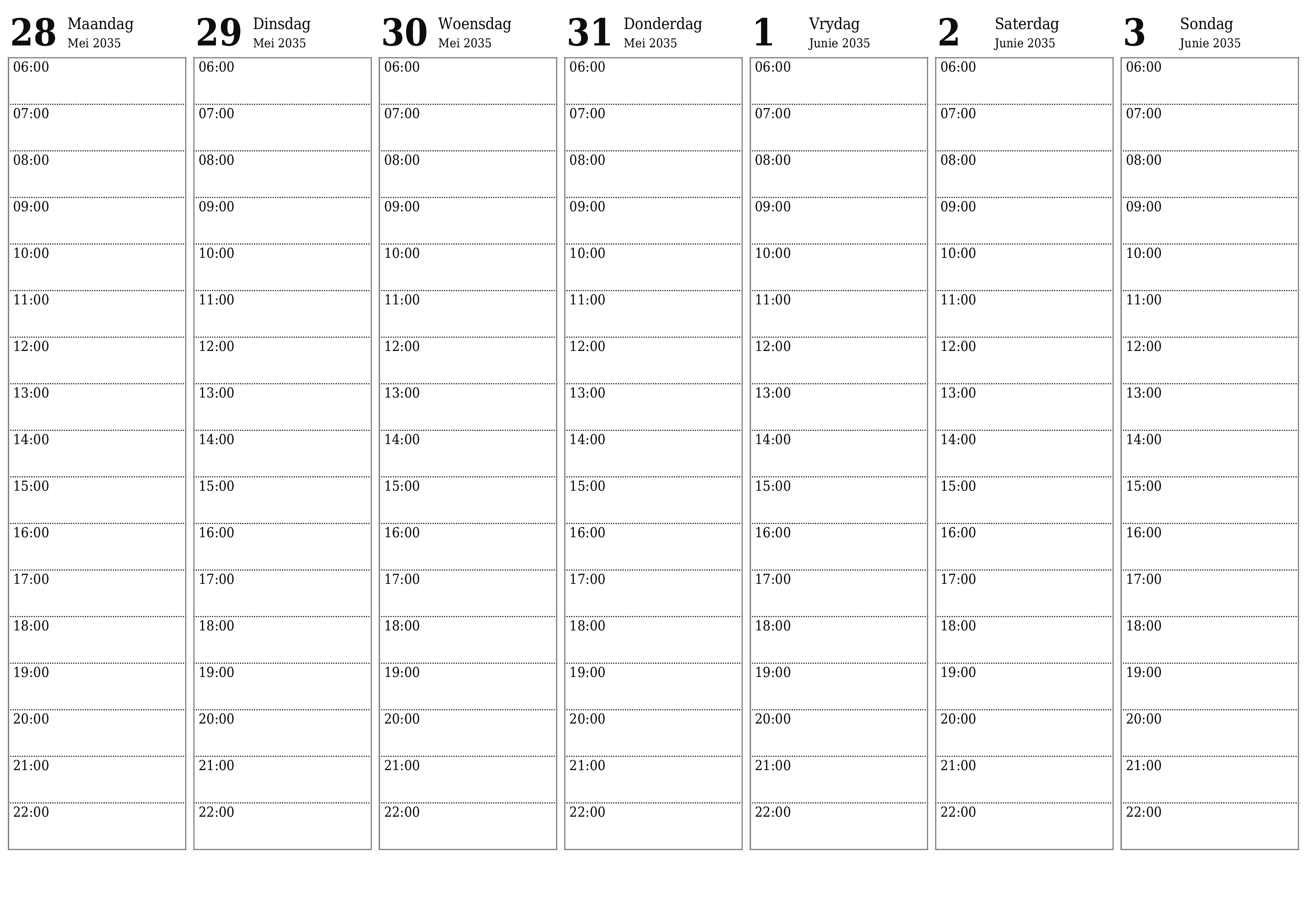 Leë weeklikse drukbare kalender en beplanner vir week Junie 2035 met notas, stoor en druk na PDF PNG Afrikaans