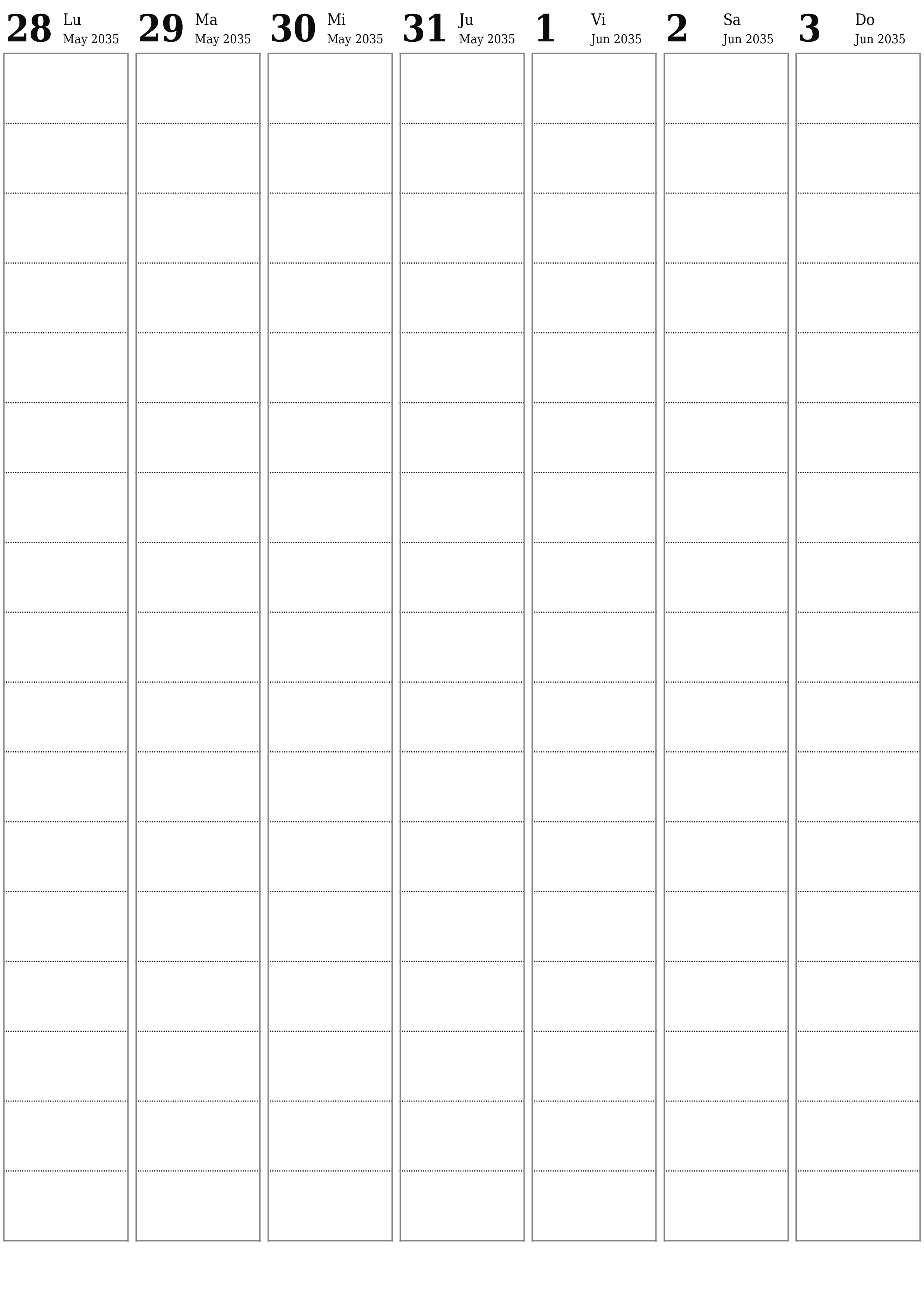 Planificador semanal vacío para semanas Junio 2035 con notas, guardar e imprimir en PDF PNG Spanish
