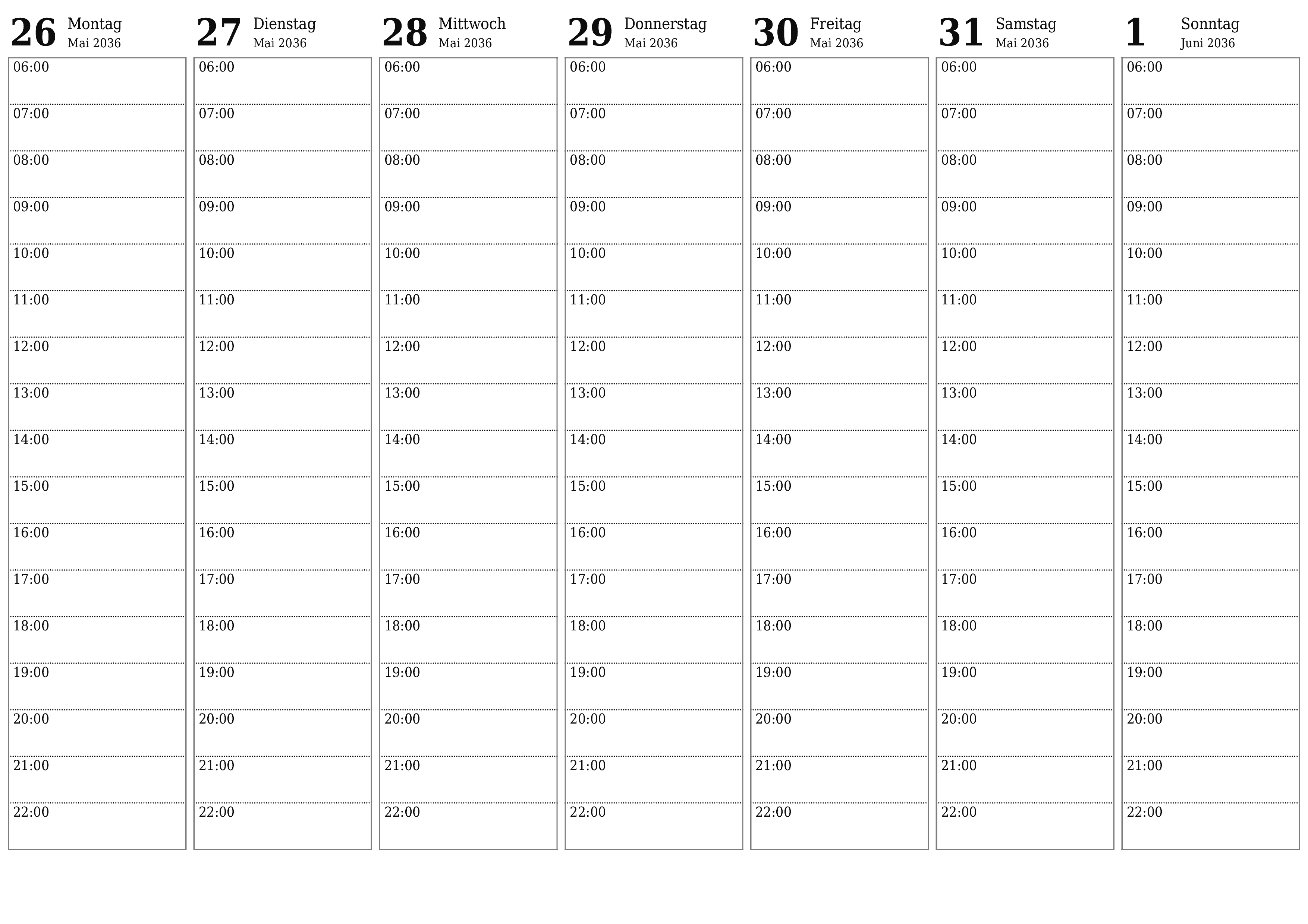 Wochenplaner für Wochen Juni 2036 mit Notizen leeren, speichern und als PDF drucken PNG German