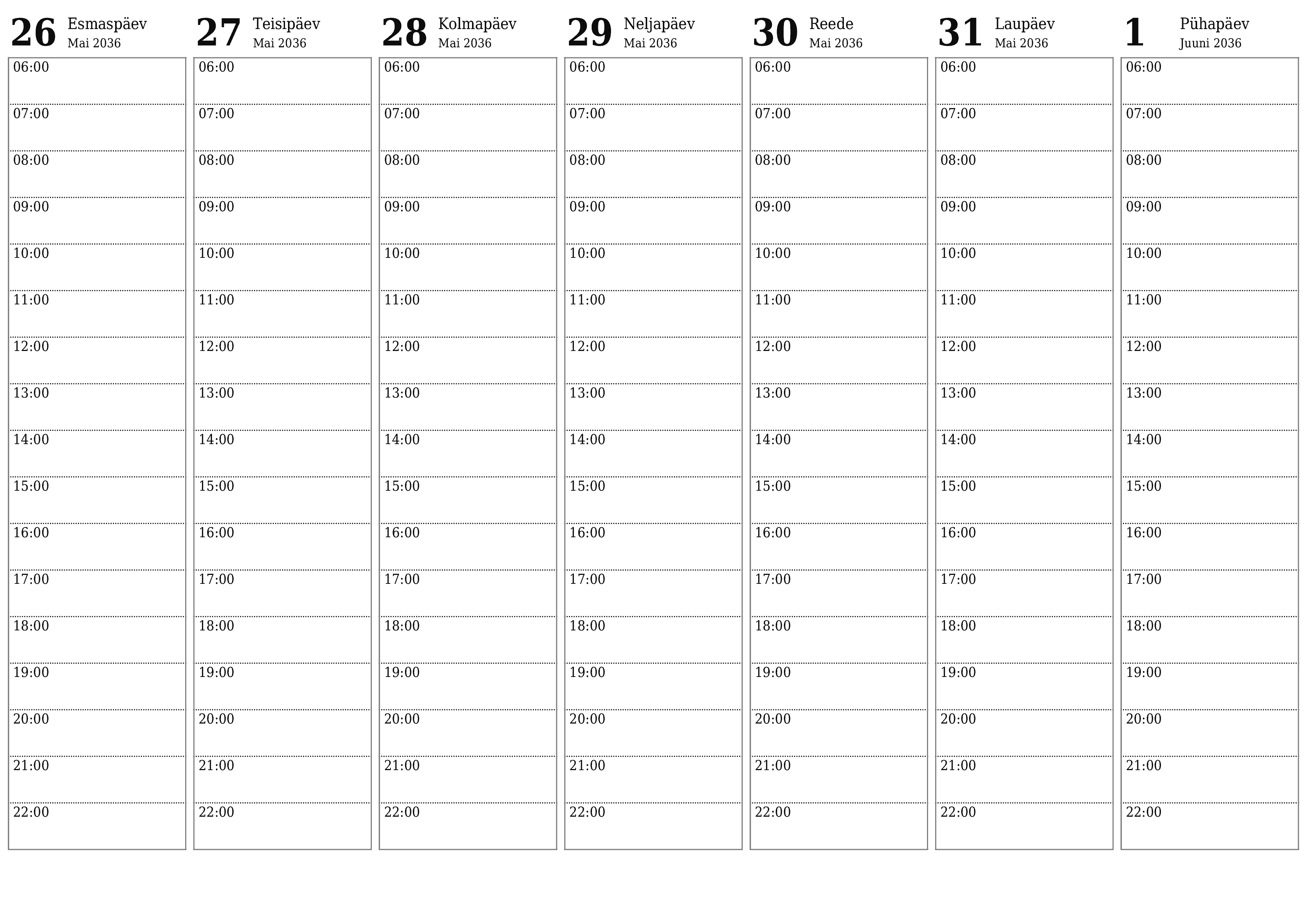 Tühjendage nädala planeerija nädalaid Juuni 2036 märkmetega, salvestage ja printige PDF-i PNG Estonian
