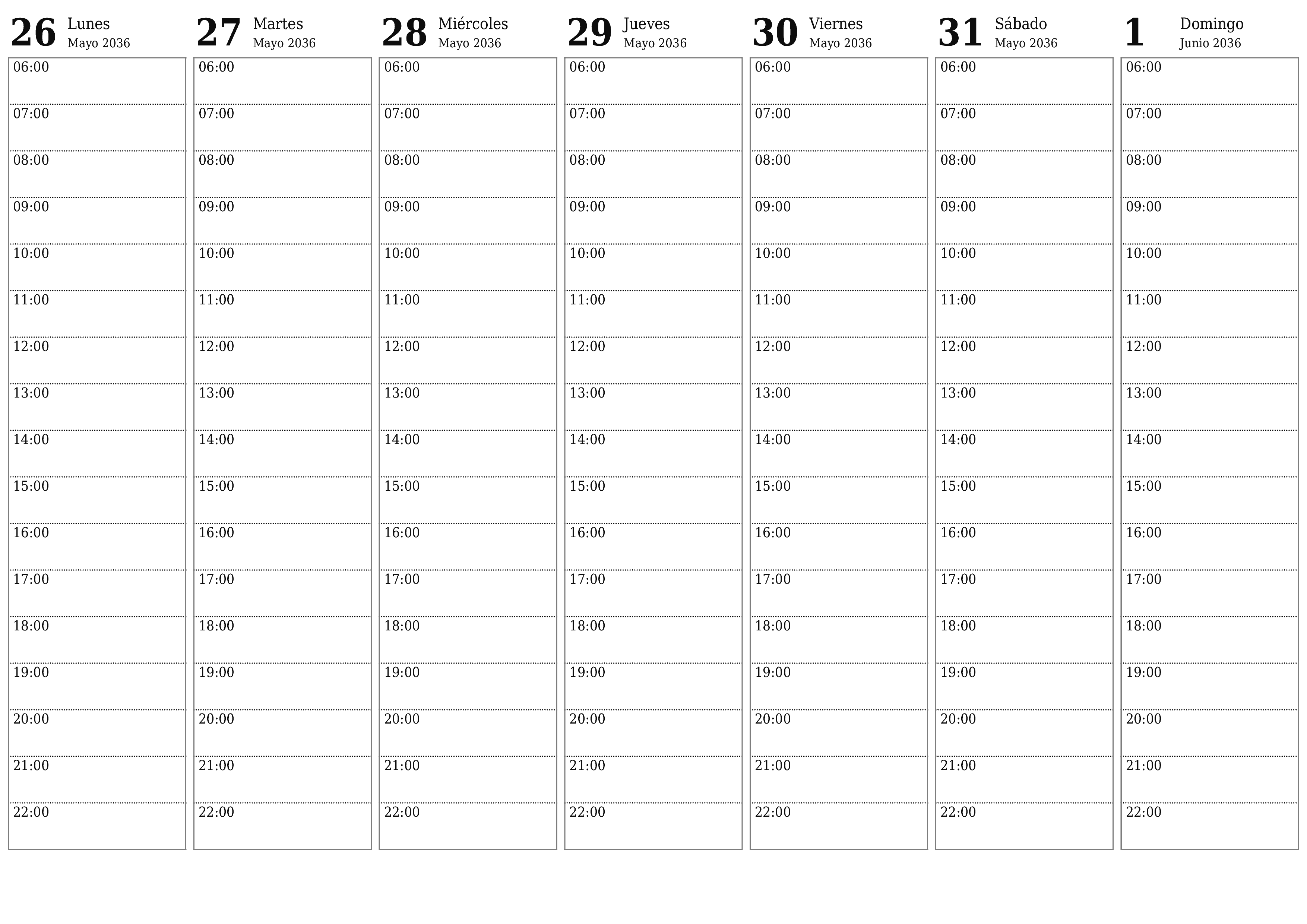  imprimible de pared plantilla de gratishorizontal Semanal planificador calendario Junio (Jun) 2036