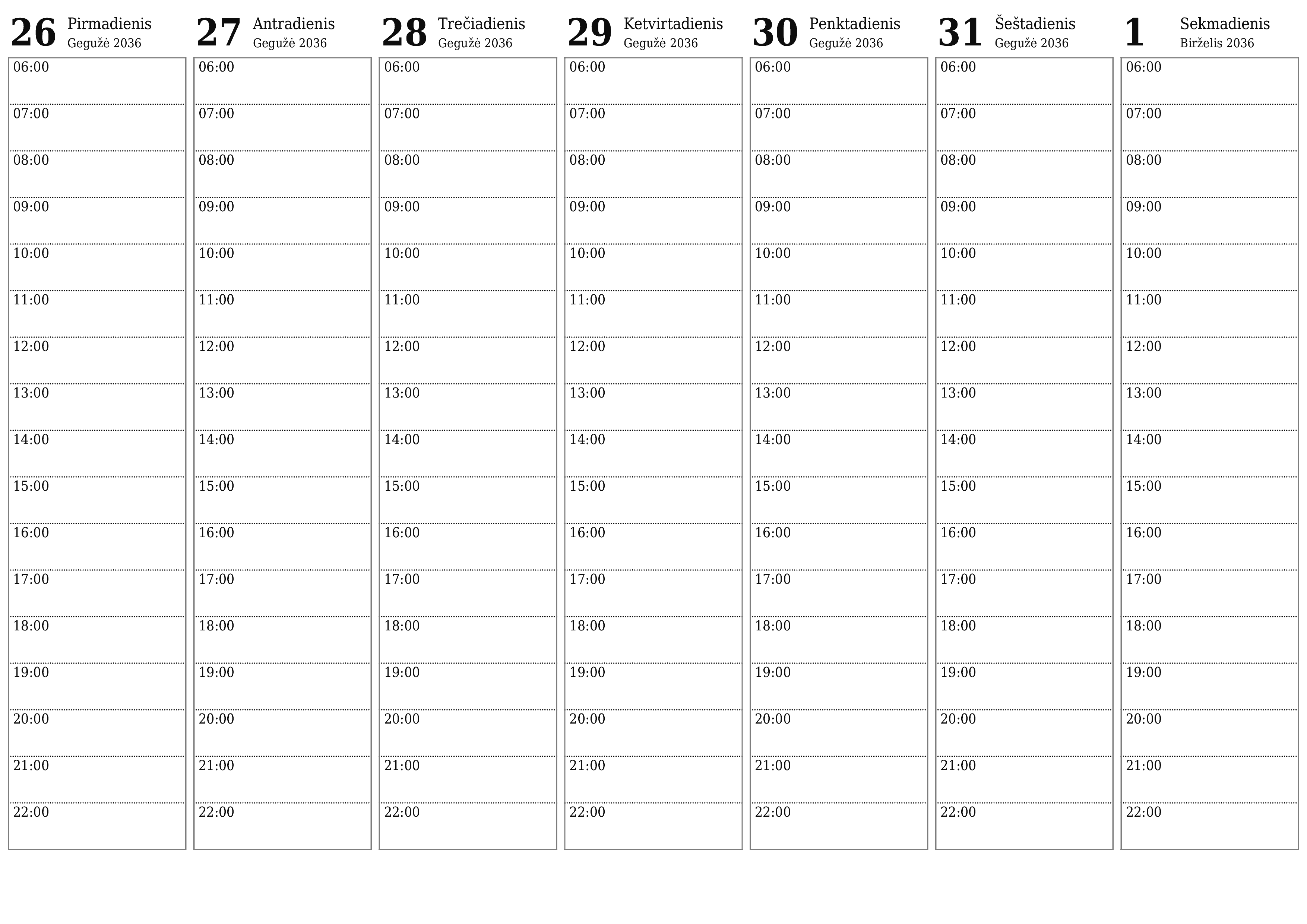 Ištuštinti savaitės planavimo priemonę savaitėms Birželis 2036 su užrašais, išsaugoti ir atsispausdinti PDF formate PNG Lithuanian