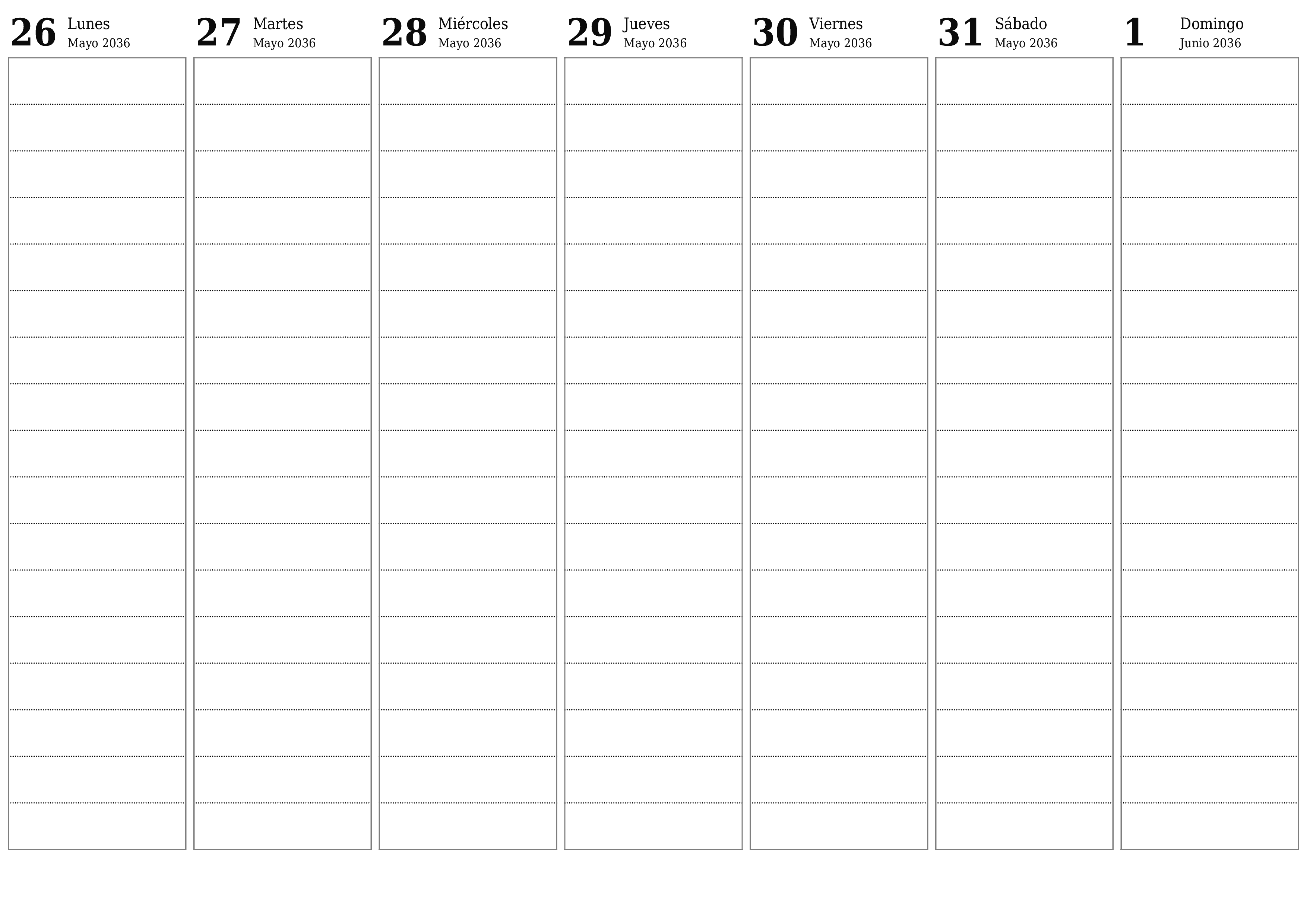 Planificador semanal vacío para semanas Junio 2036 con notas, guardar e imprimir en PDF PNG Spanish