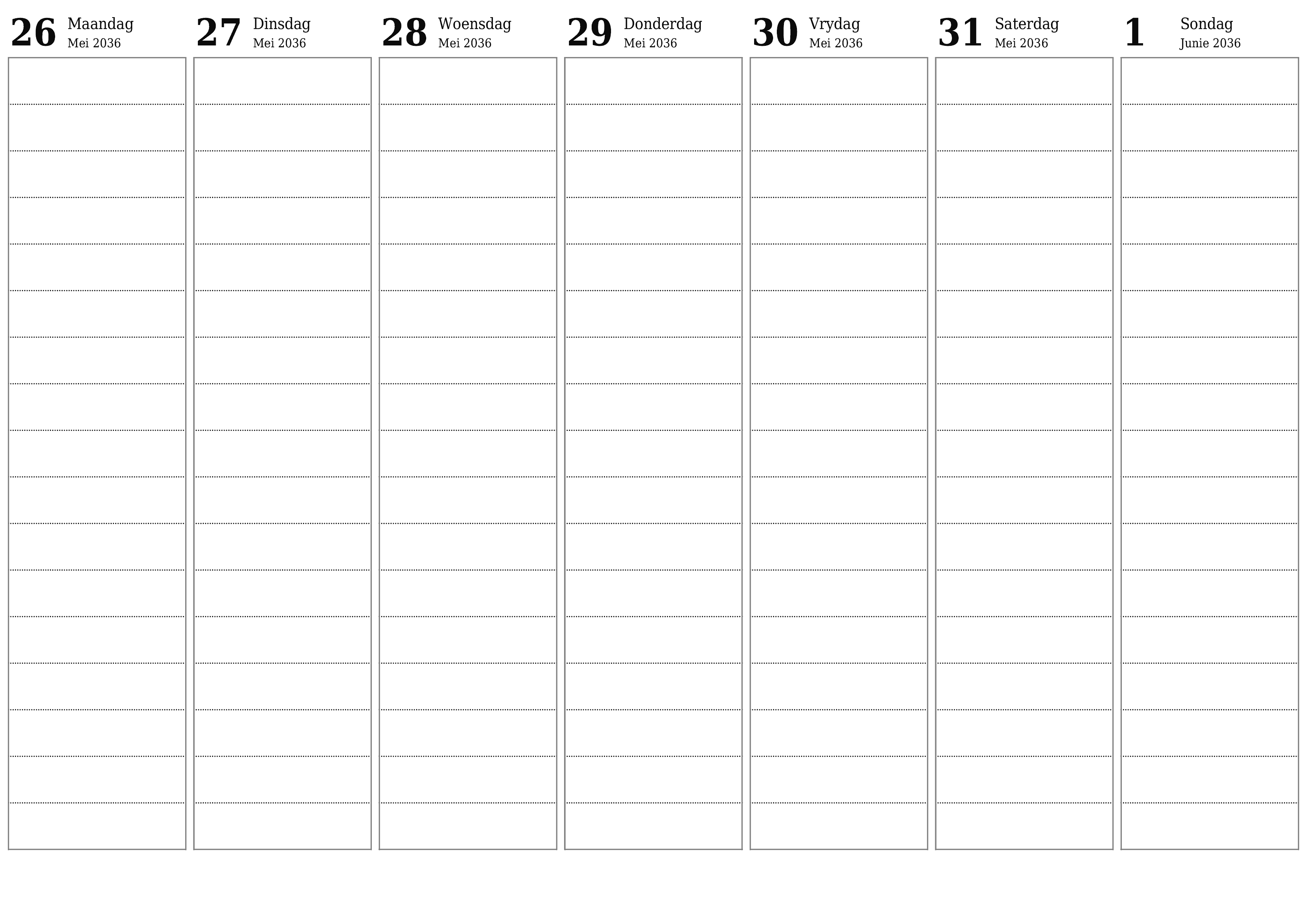 Leë weeklikse drukbare kalender en beplanner vir week Junie 2036 met notas, stoor en druk na PDF PNG Afrikaans