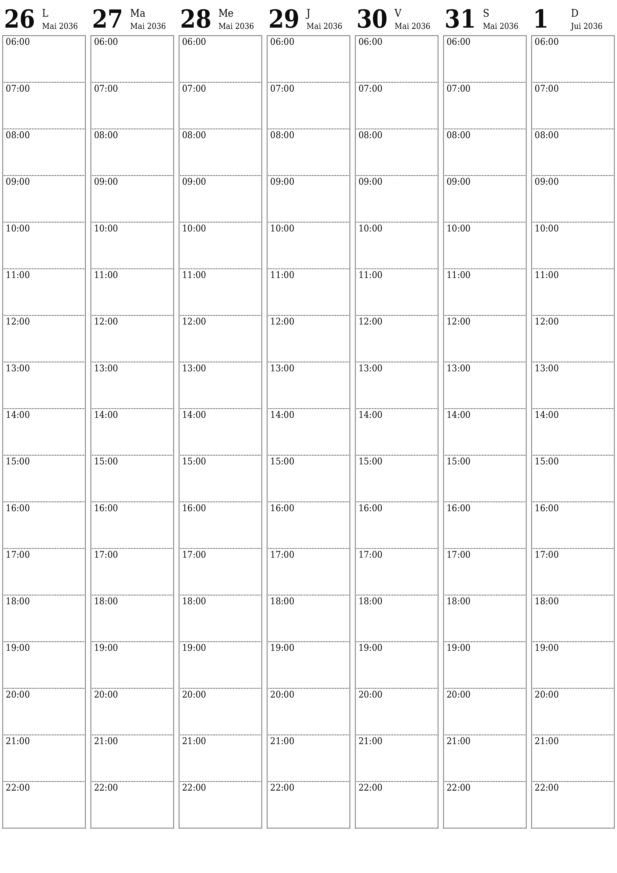 Agenda hebdomadaire vide pendant des semaines Juin 2036 avec notes, enregistrez et imprimez au format PDF PNG French