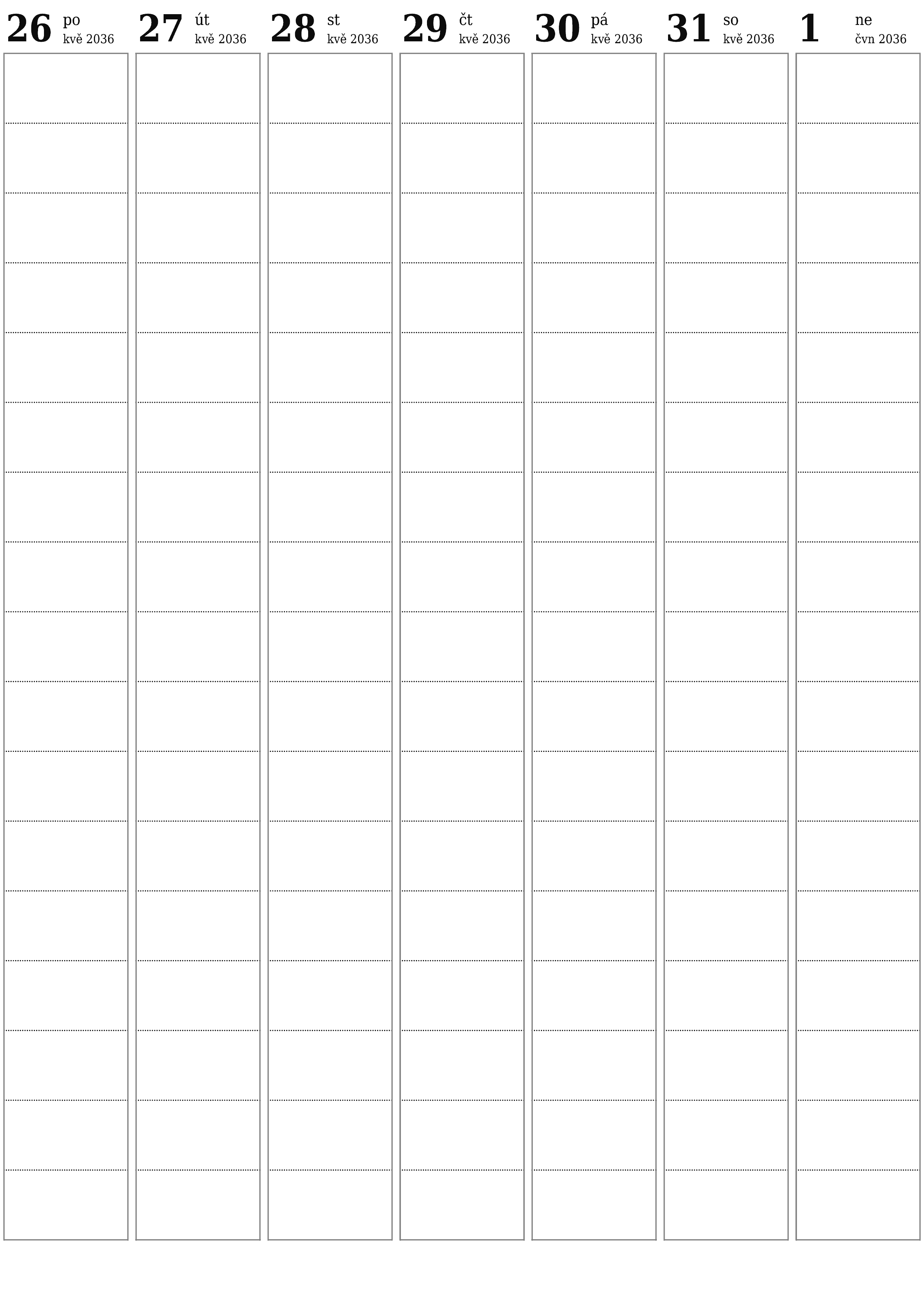 Prázdný týdenní plánovač na týdny červen 2036 s poznámkami, uložením a tiskem do PDF PNG Czech
