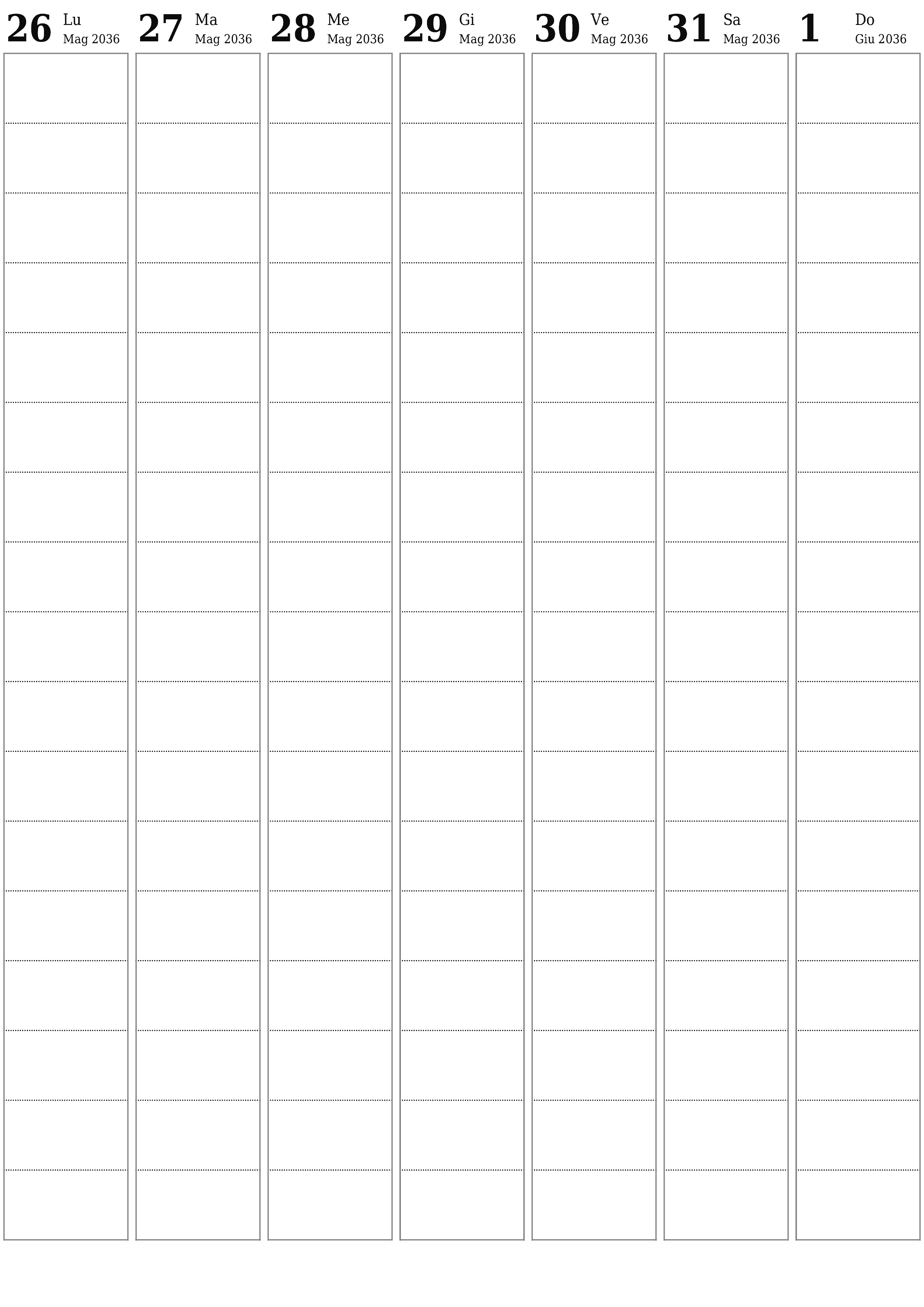 Agenda settimanale vuota per settimane Giugno 2036 con note, salva e stampa in PDF PNG Italian