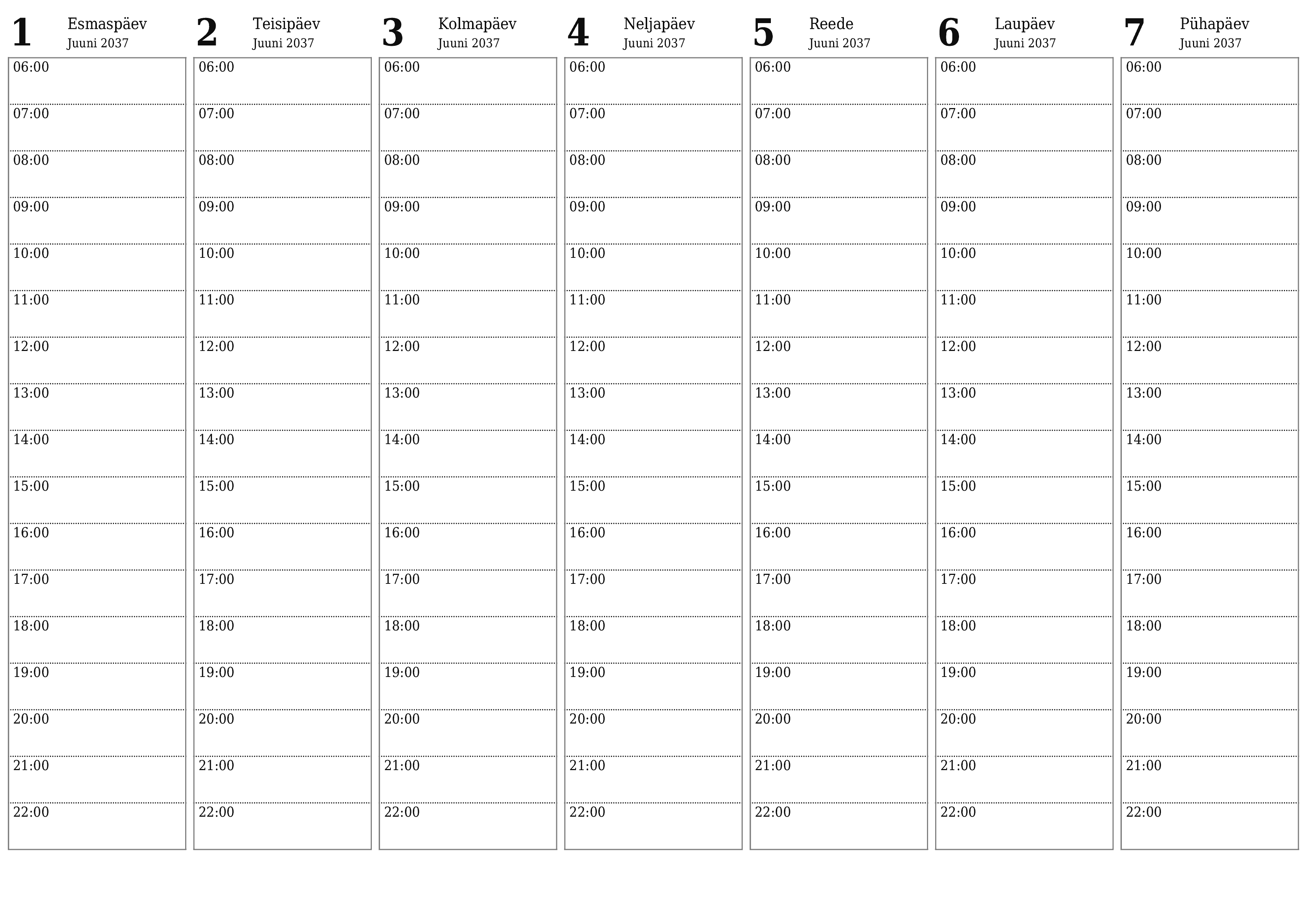 Tühjendage nädala planeerija nädalaid Juuni 2037 märkmetega, salvestage ja printige PDF-i PNG Estonian