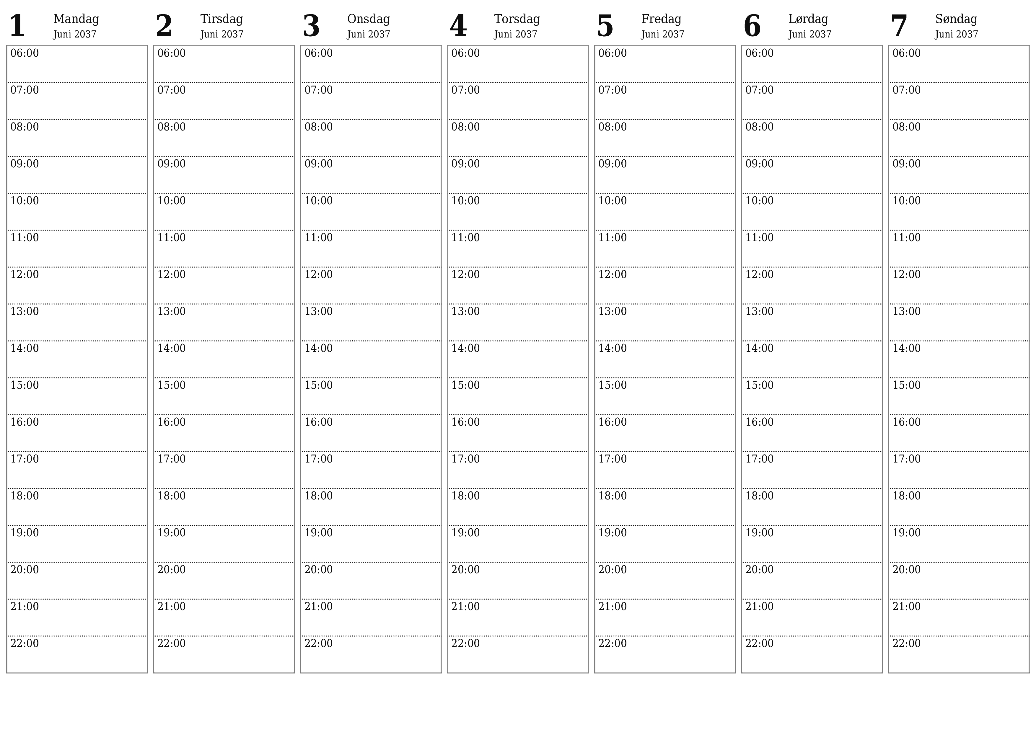 utskrivbar vegg mal gratis horisontal Ukentlig planlegger kalender Juni (Jun) 2037