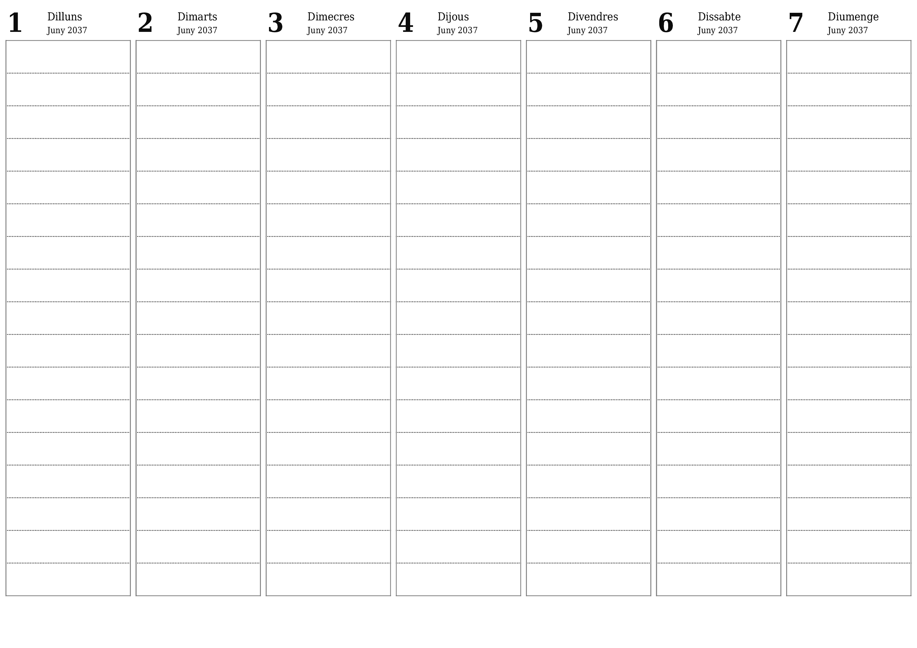 Planificador setmanal buit durant setmanes Juny 2037 amb notes, deseu-lo i imprimiu-lo en format PDF PNG Catalan