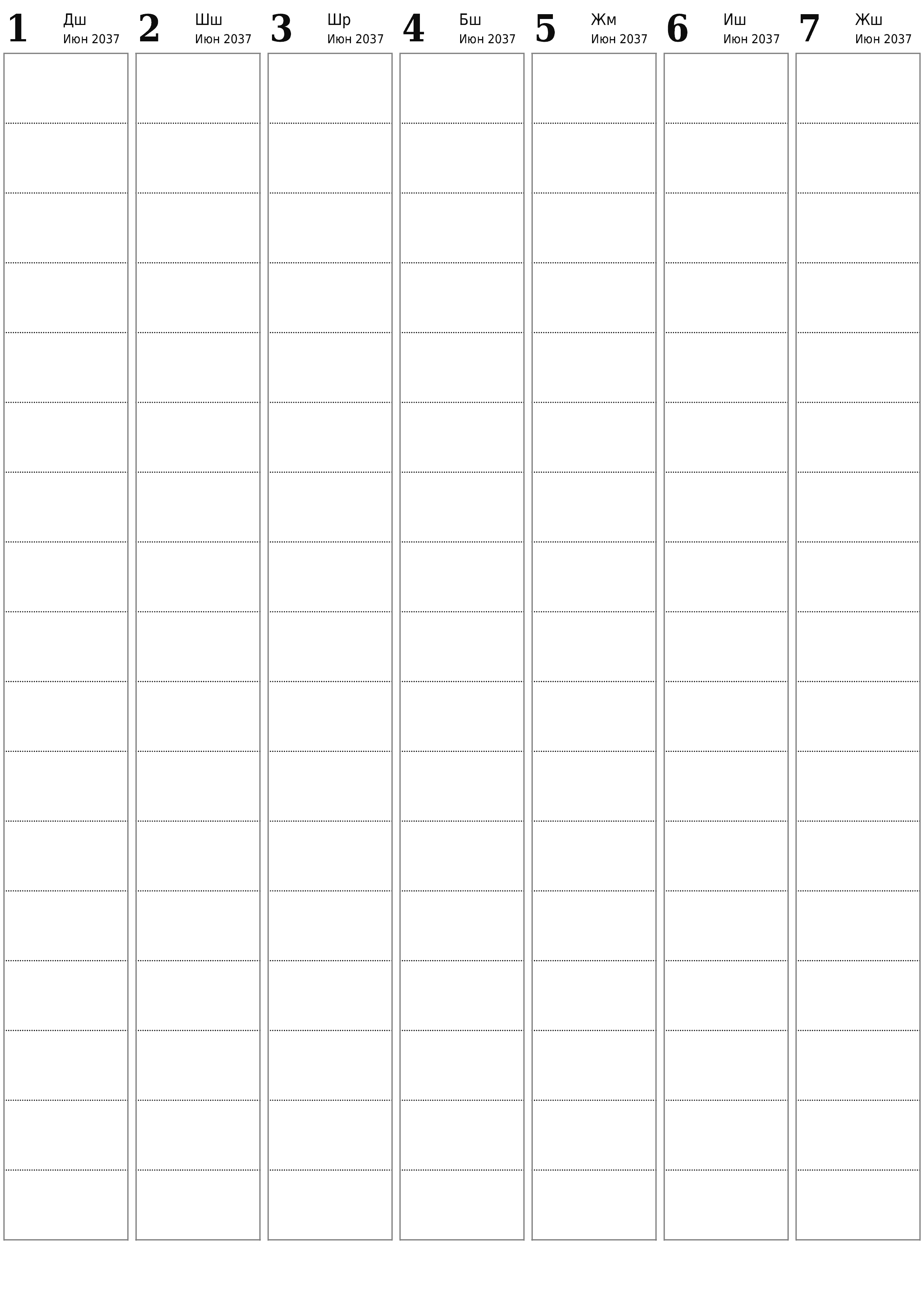 PDF PNG Kyrgyz форматында басып чыгаруу үчүн эскертүүлөр менен Кулжа 2037 үчүн бош жумалык календардык пландоочу