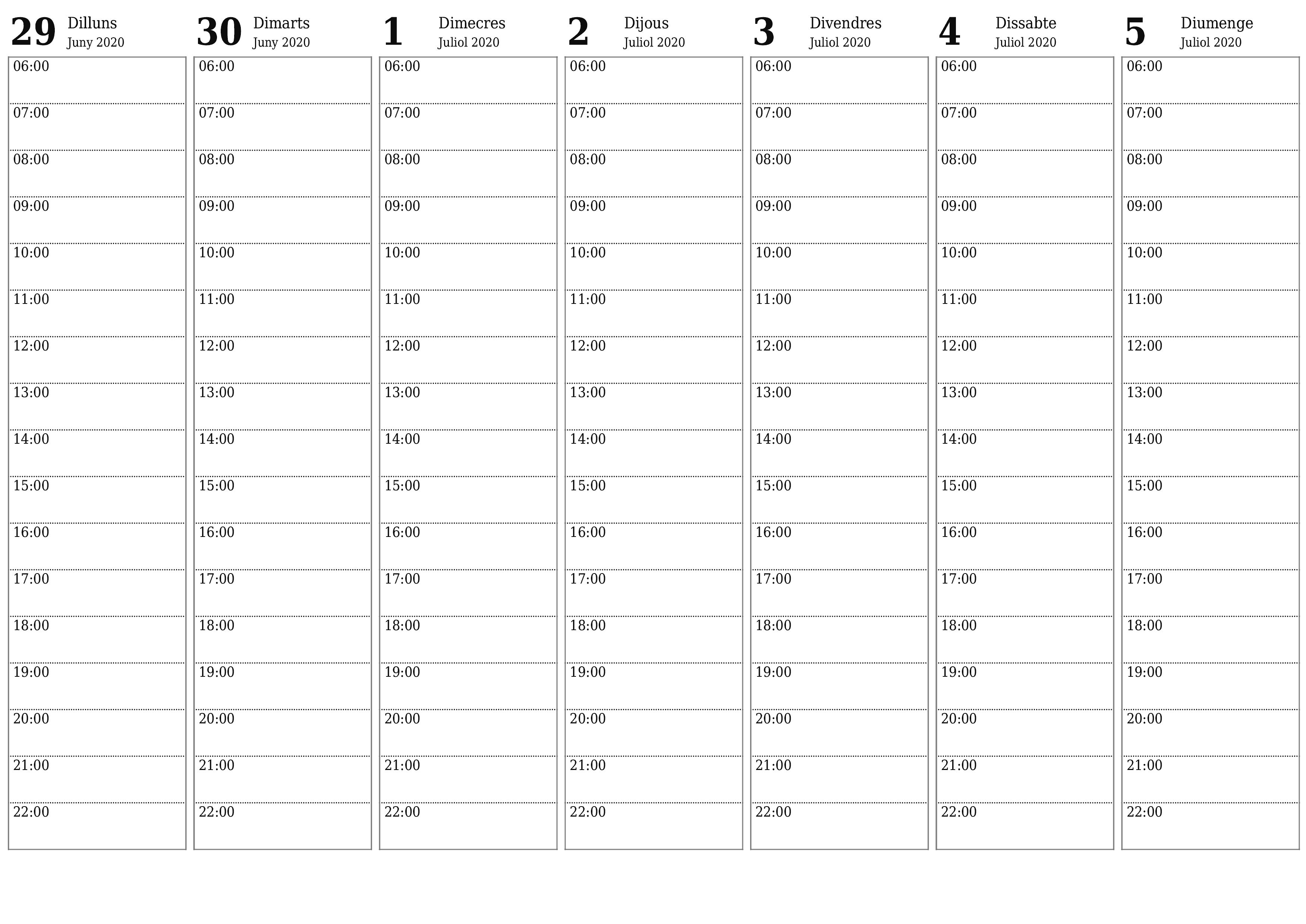  imprimible de paret plantilla de gratuïthoritzontal Setmanal planificador calendari Juliol (Jul) 2020