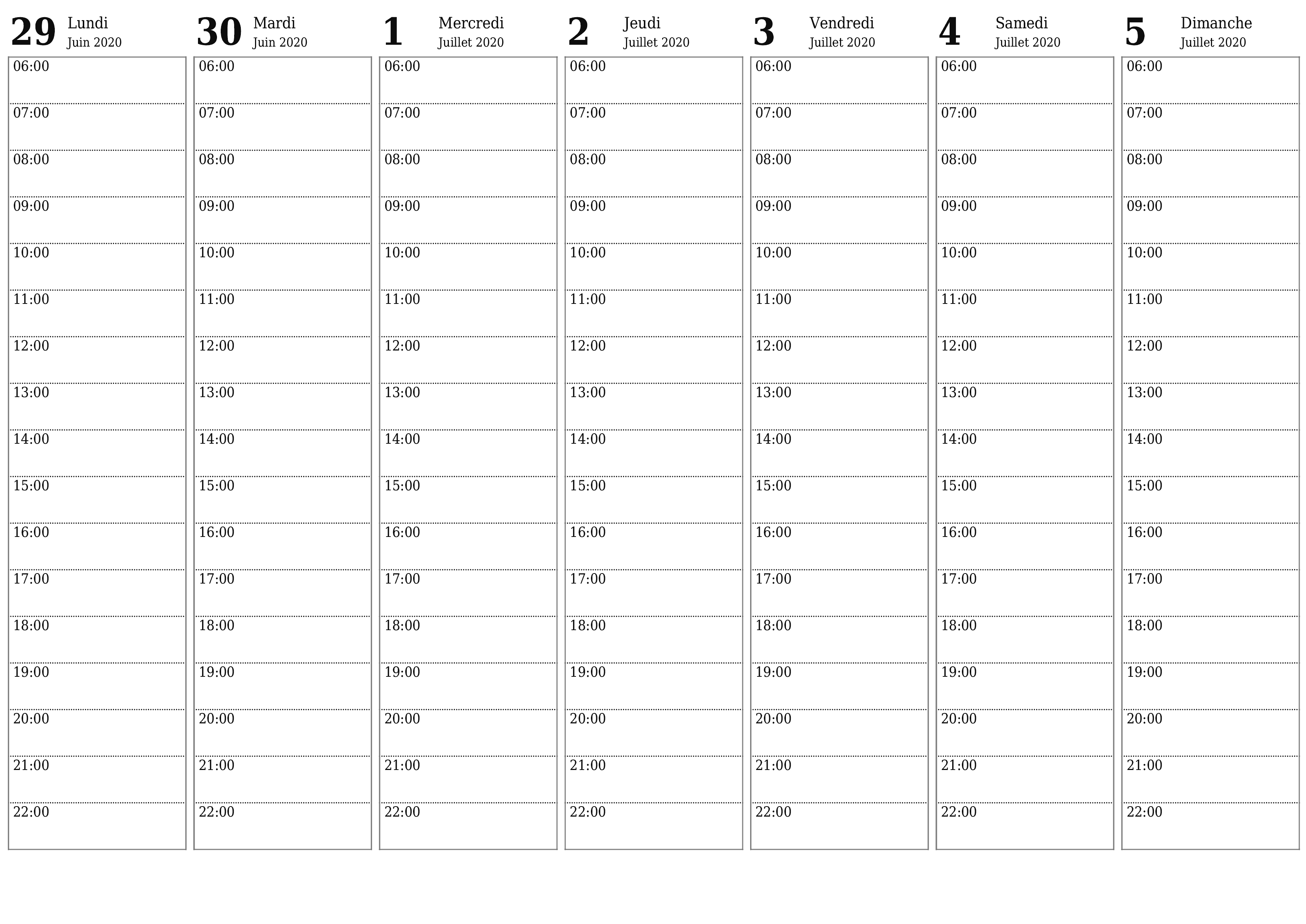 Agenda hebdomadaire vide pendant des semaines Juillet 2020 avec notes, enregistrez et imprimez au format PDF PNG French