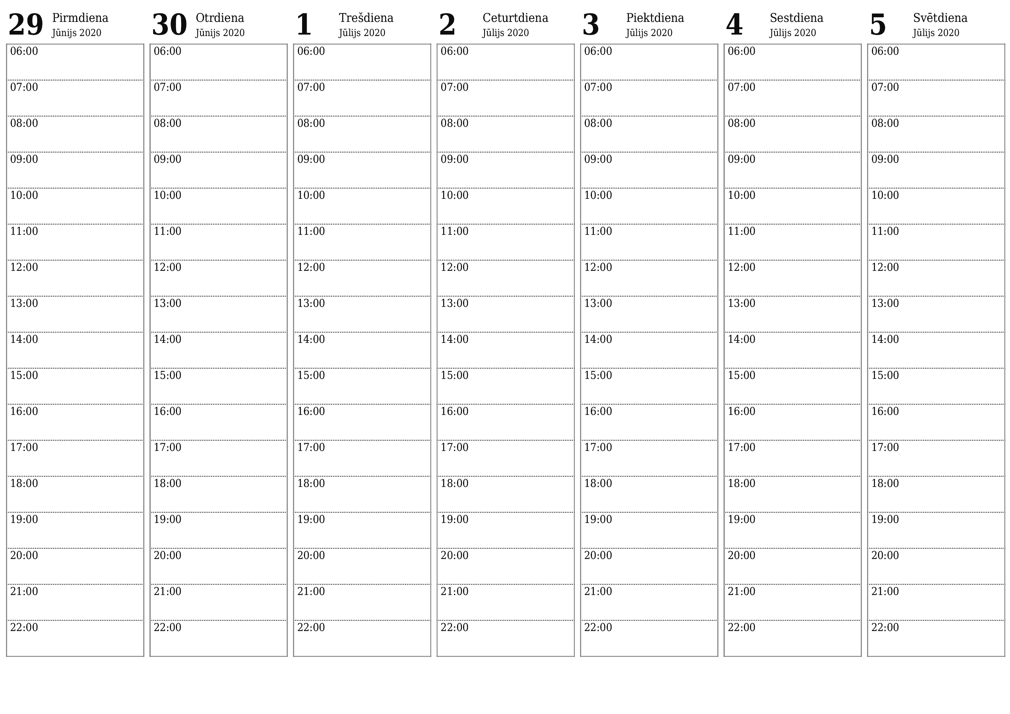 Iztukšojiet nedēļas plānotāju nedēļām Jūlijs 2020 ar piezīmēm, saglabājiet un izdrukājiet PDF formātā PNG Latvian