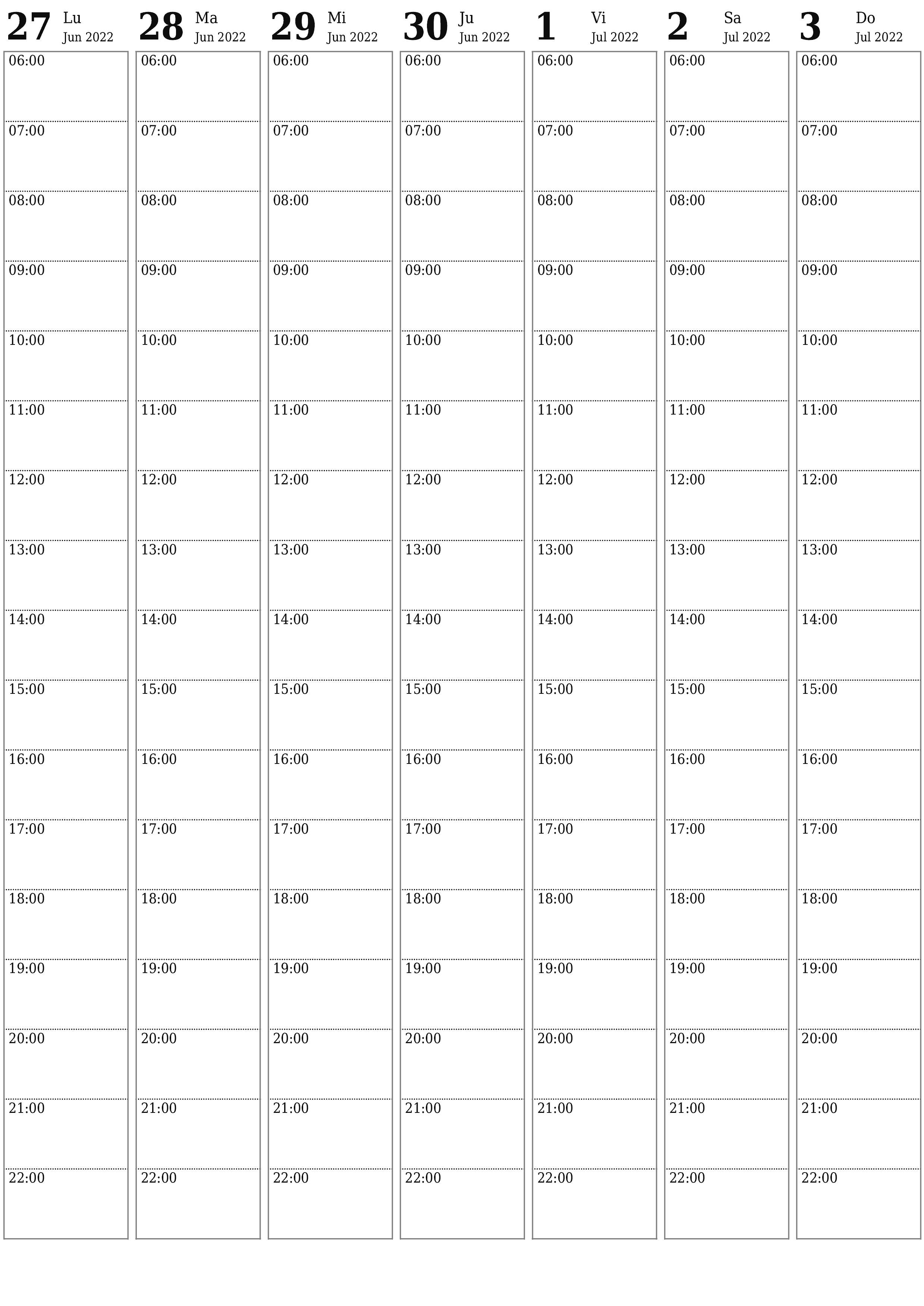 Planificador semanal vacío para semanas Julio 2022 con notas, guardar e imprimir en PDF PNG Spanish