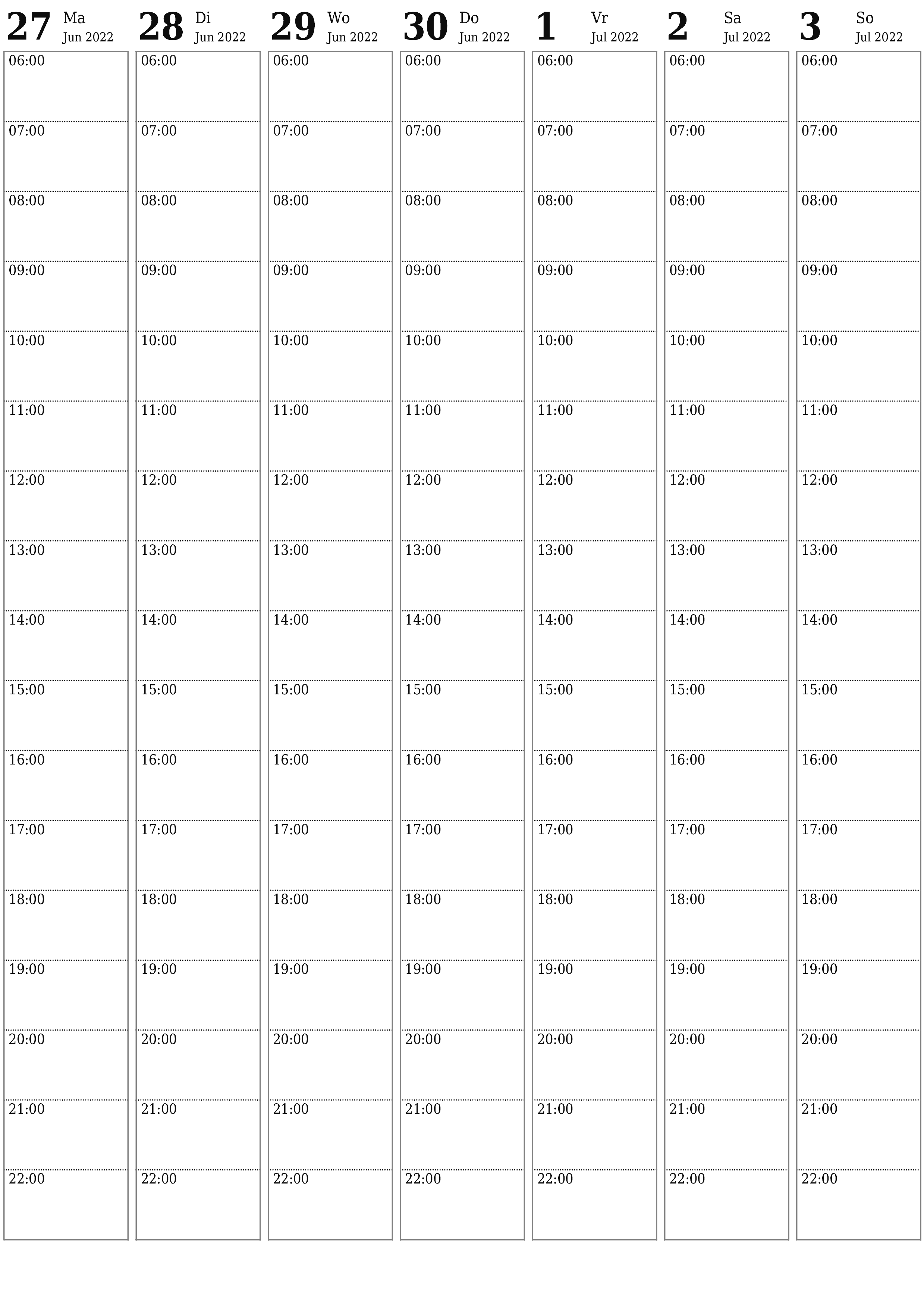 drukbare muur template gratis vertikaal Weekliks beplanner kalender Julie (Jul) 2022
