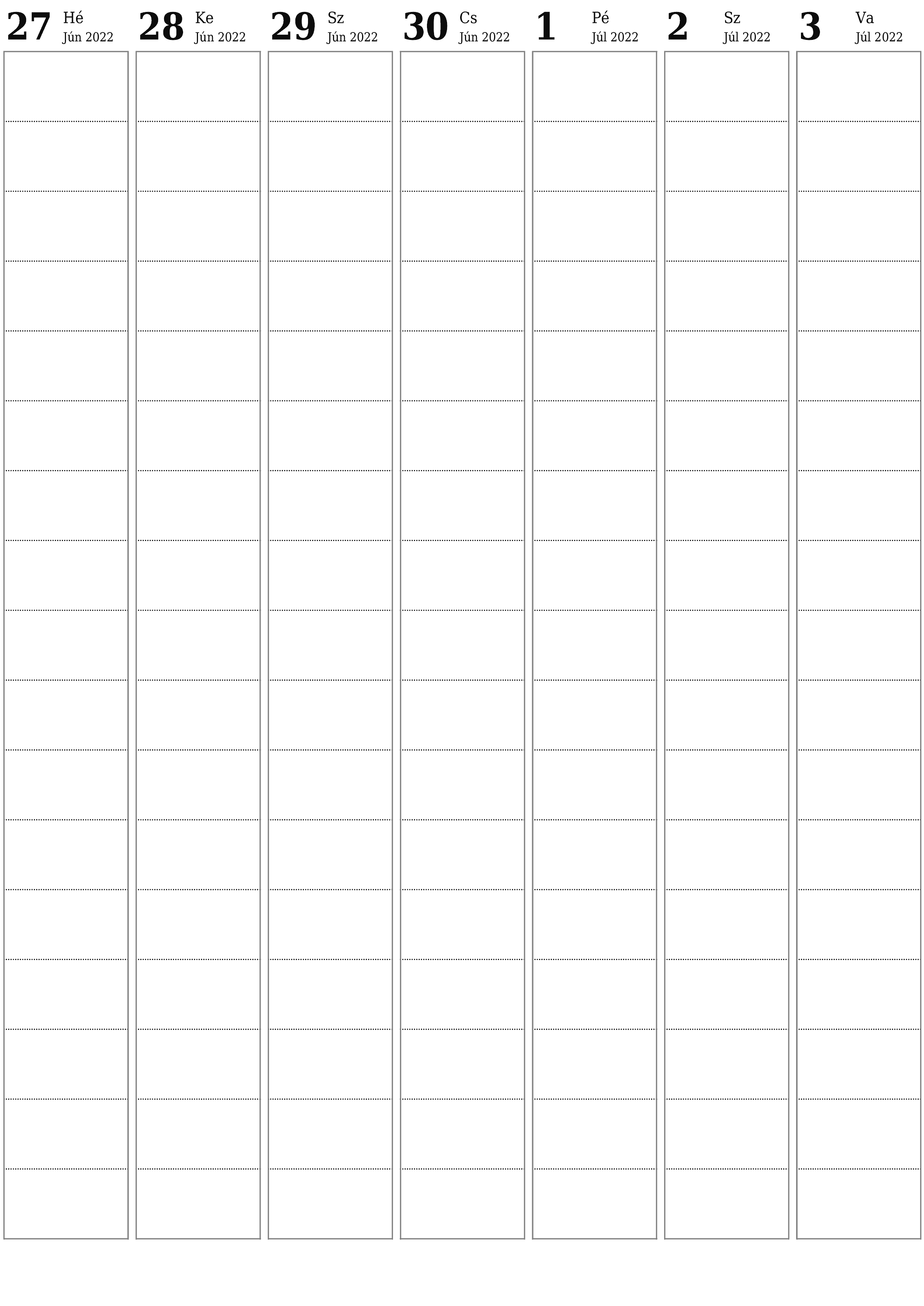 Heti tervező ürítése hetekre Július 2022 jegyzetekkel, mentés és nyomtatás PDF-be PNG Hungarian