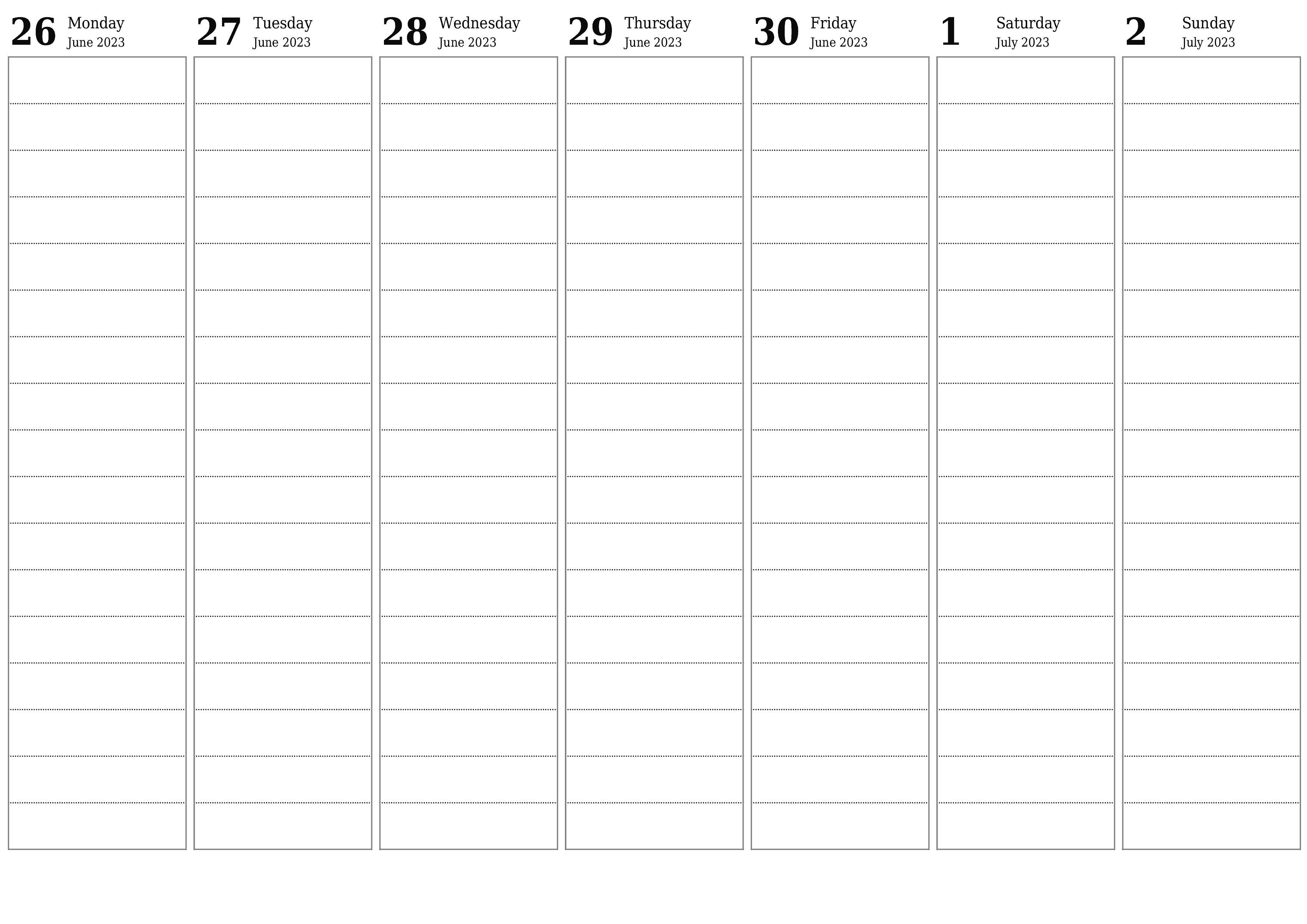 Blank weekly printable calendar and planner for week July 2023 with notes, save and print to PDF PNG English