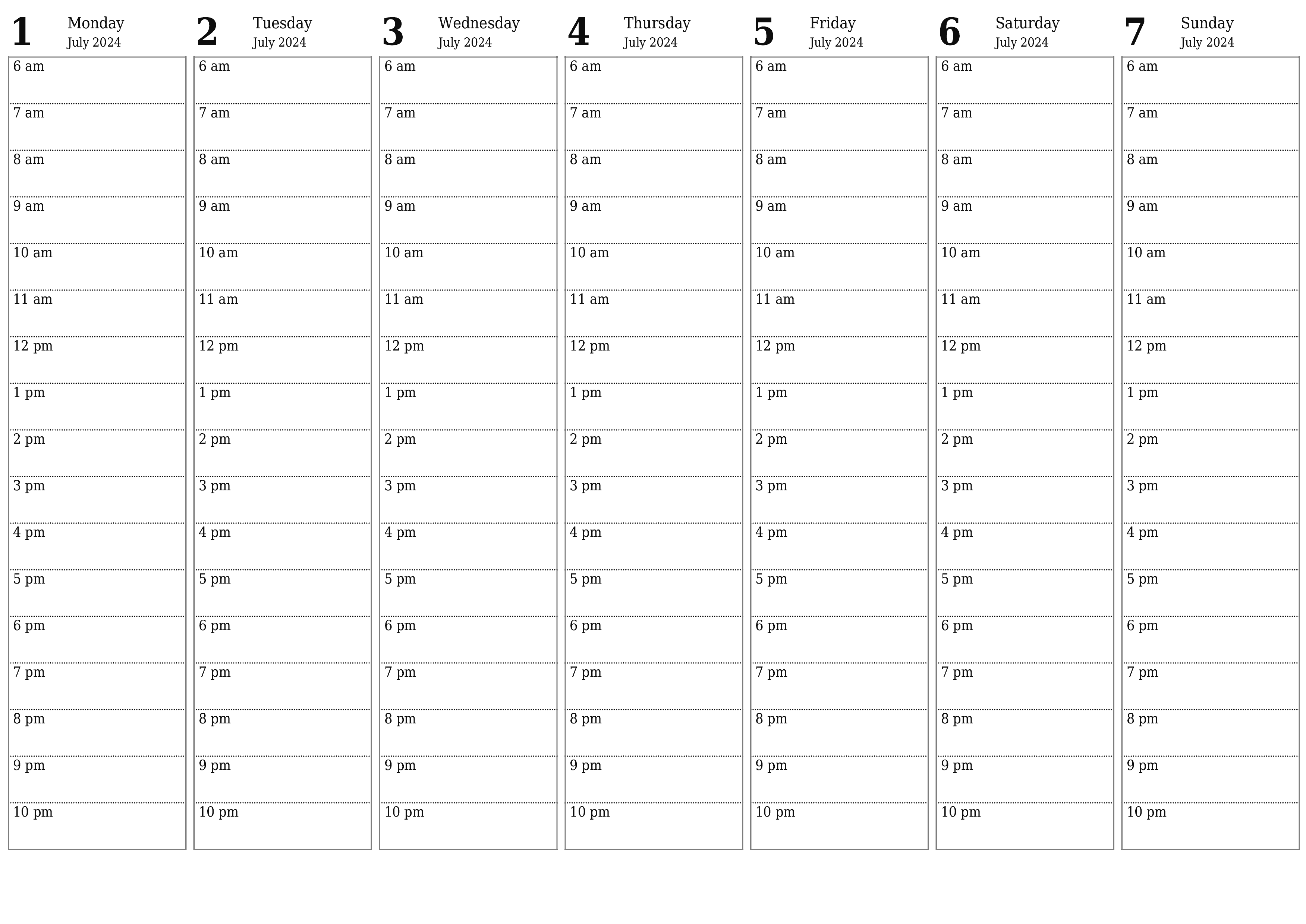 Blank weekly printable calendar and planner for week July 2024 with notes, save and print to PDF PNG English